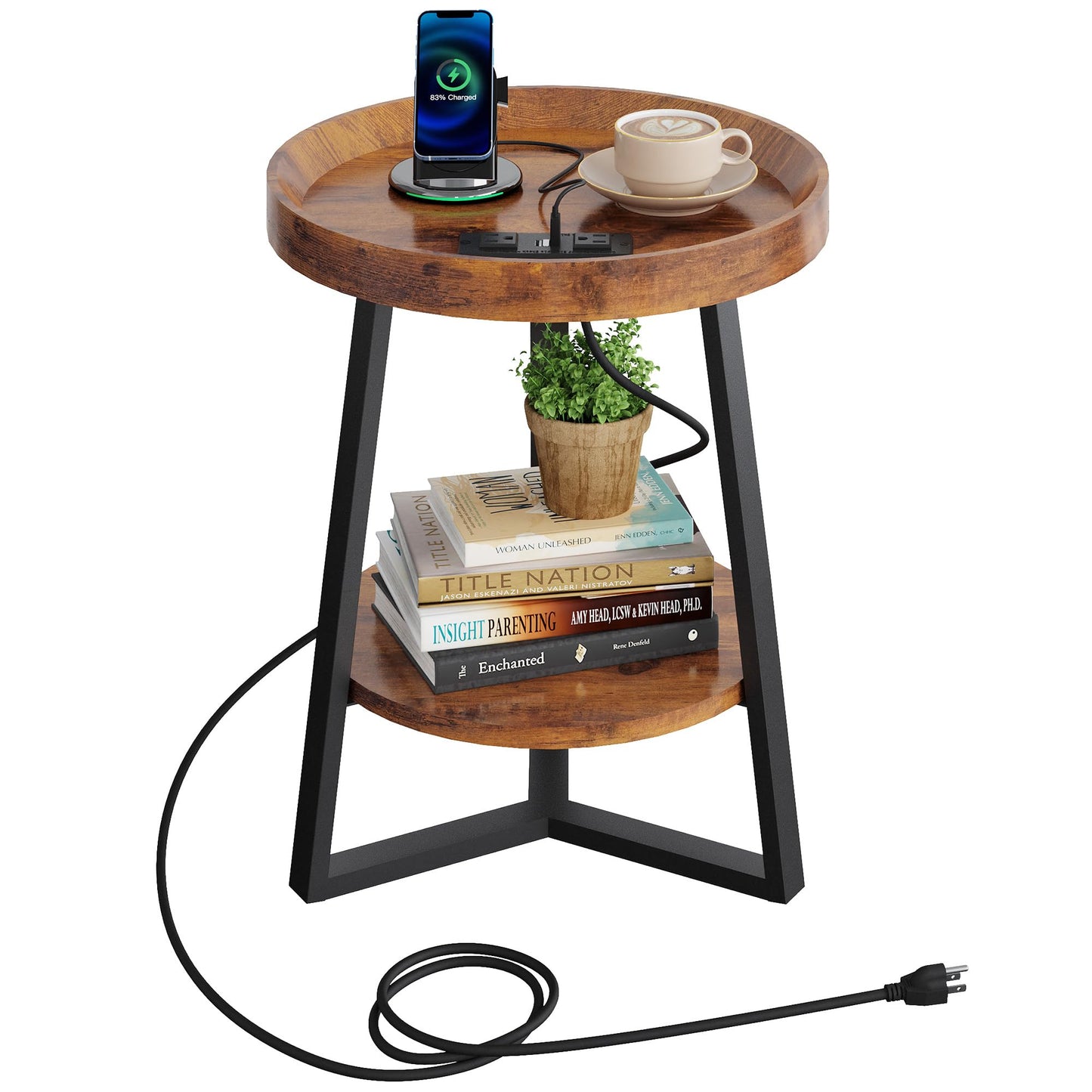 WLIVE Small Round Side Table with Charging Station, Round Coffee Table, 2 Tier End Table for Living Room/Bedroom, Sofa Couch, Easy to Assemble, Wood Tabletop & Metal Frame, Rustic Brown