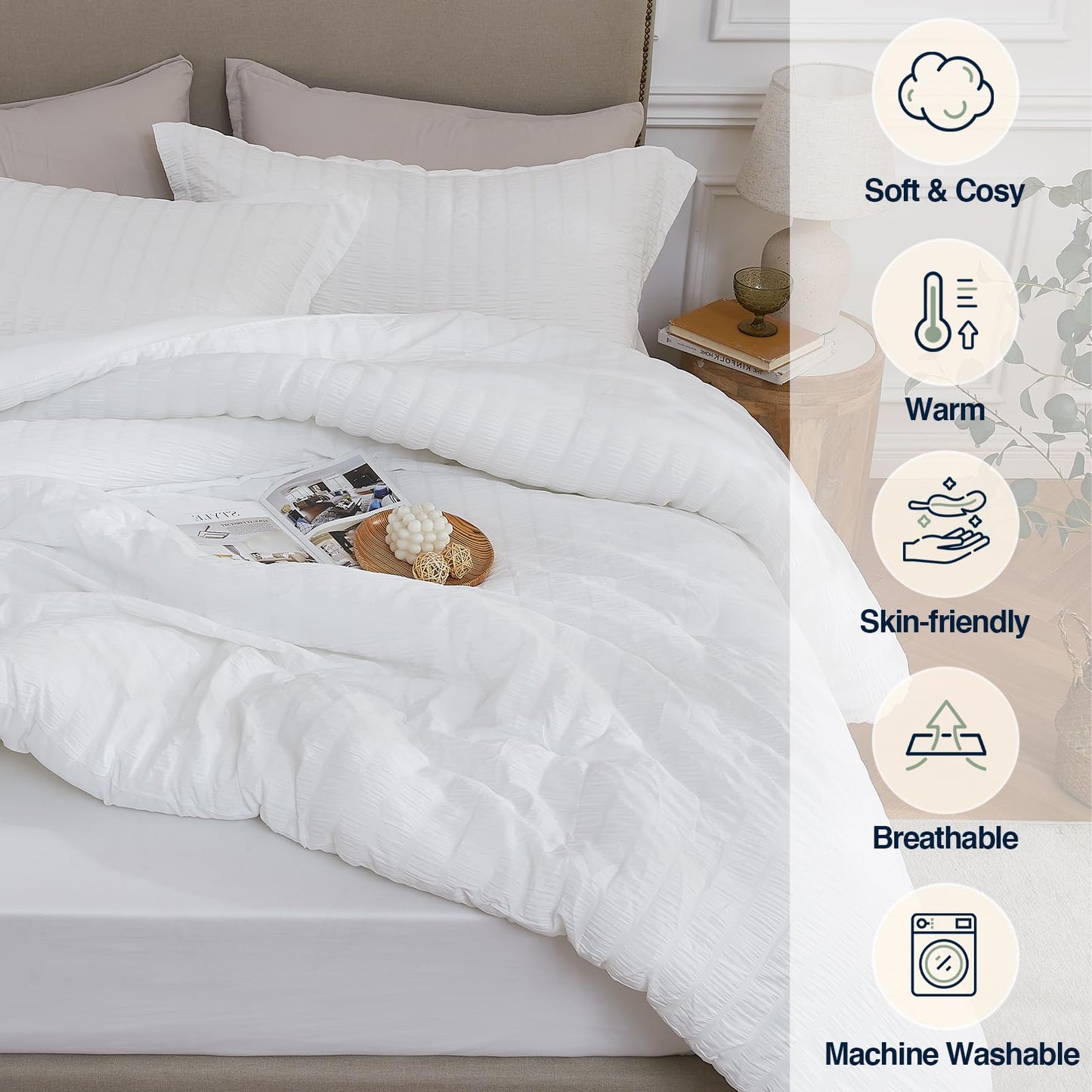 Quataly White Queen Comforter Set - 3 Pieces Seersucker Lightweight Bedding Comforter Sets (1 Soft Fluffy Comforter & 2 Pillowcases) - All Seasons Cozy Modern Bed Sets