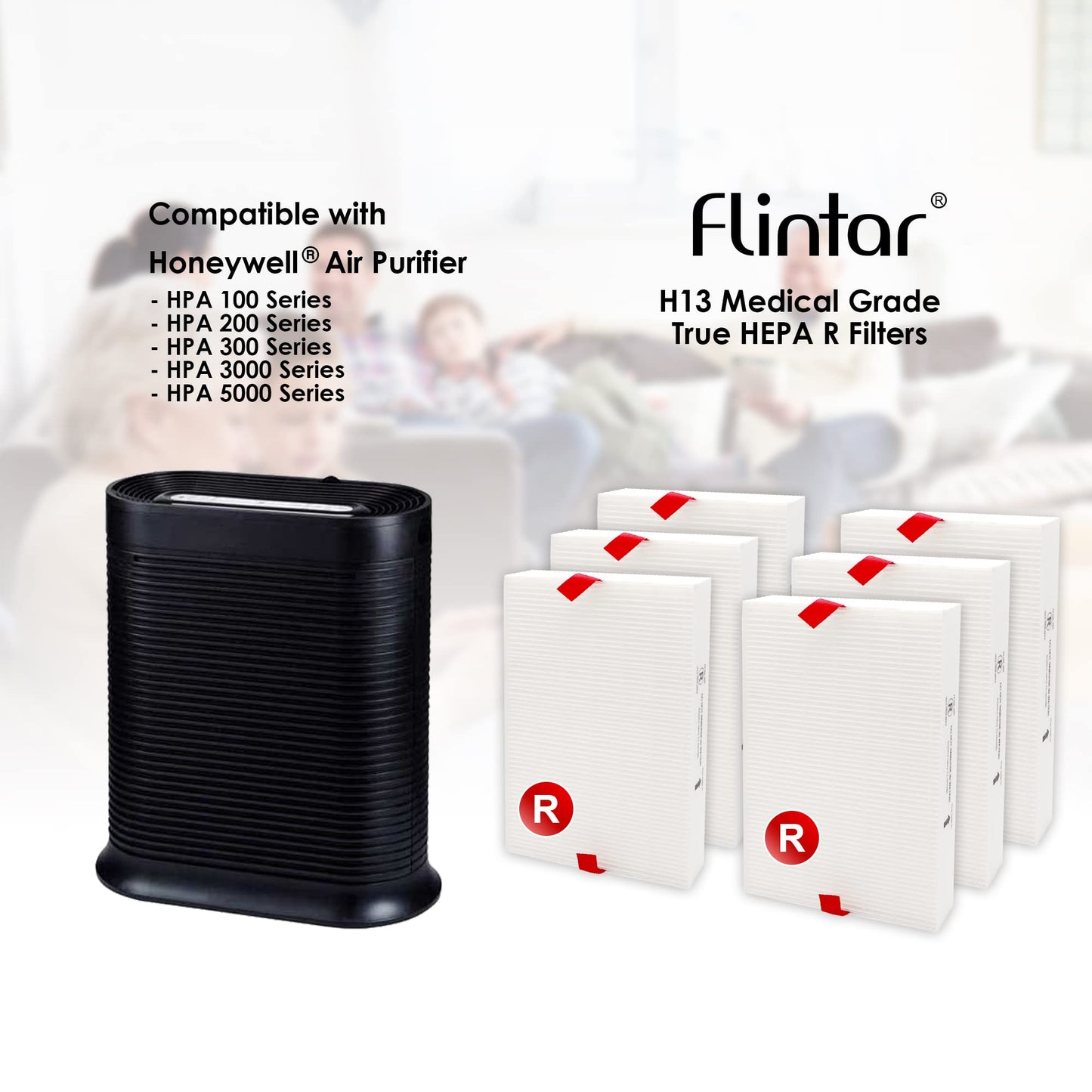 Flintar Replacement Filter R, Compatible with Honeywell Air Purifier HPA300, HPA200, HPA 100 and HPA 5000 Series, HRF-R6, 6-Pack