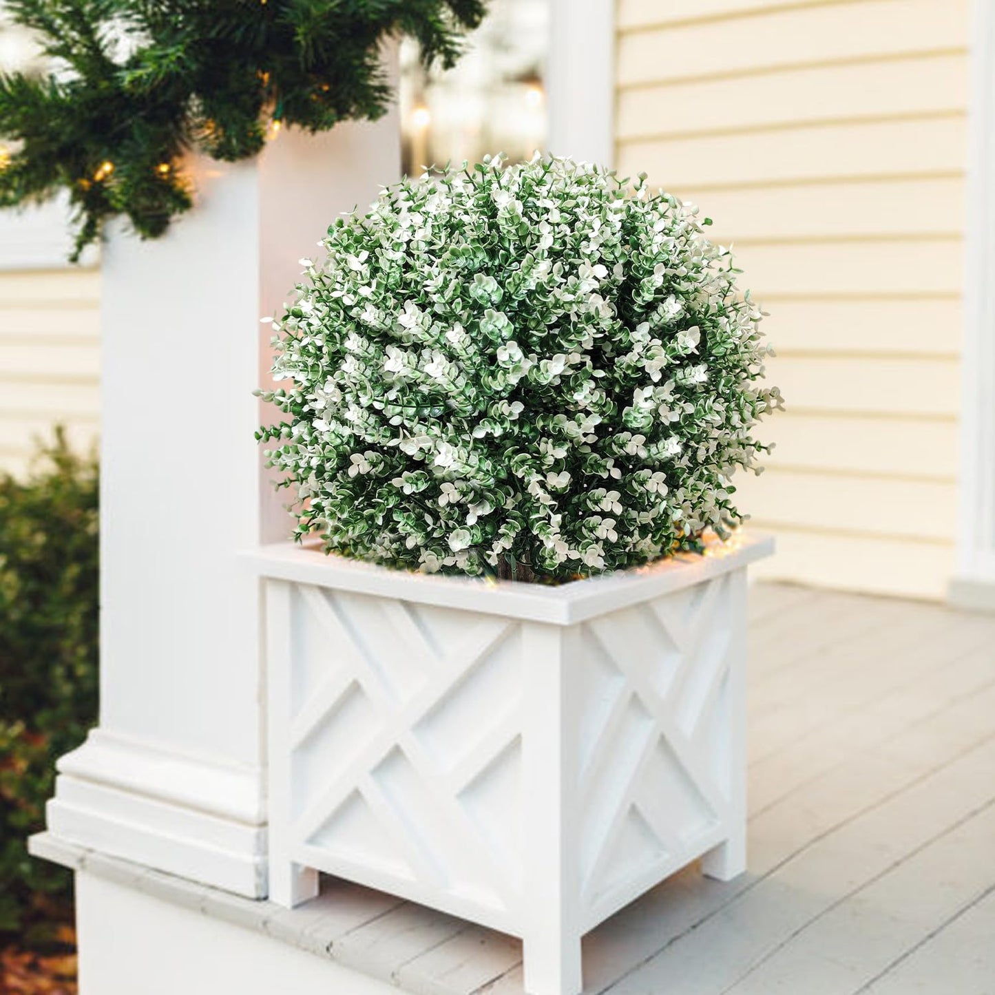 24.5" Artificial Boxwood Topiary Ball Trees with Spikes – Fake Bushes Eucalyptus Shrubs 2 Pack, UV Resistant Faux Plants Foliage for Outdoor Planters Porch Garden Indoor Office, Spring Decor – White