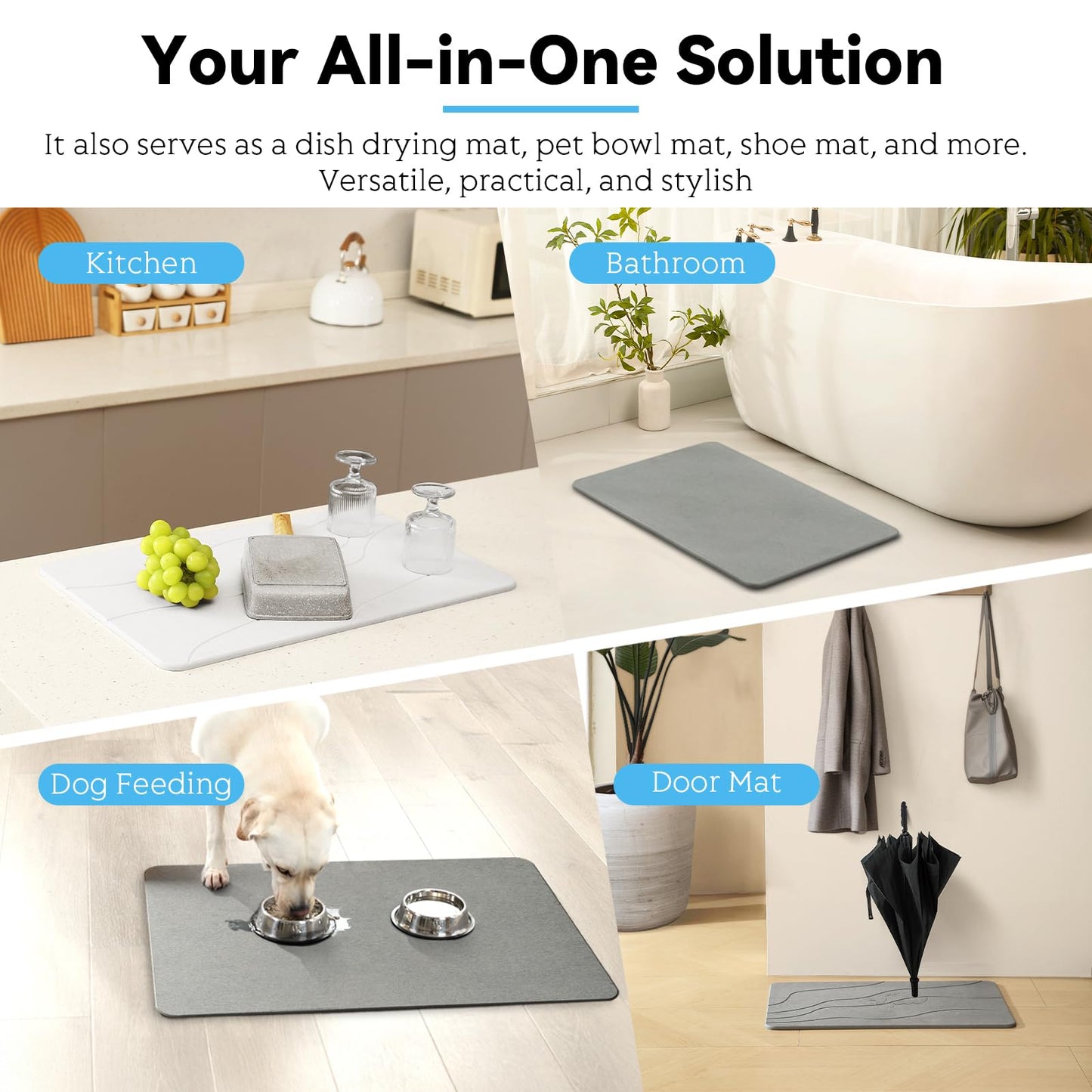 Realion Stone Bath Mat, Dries Quickly, Non-Slip Diatomaceous Earth Bath Mats for Bathroom, Super Absorbent Stone Shower Mat, Easy to Clean, 23.5" x 15.5" Dark Gray