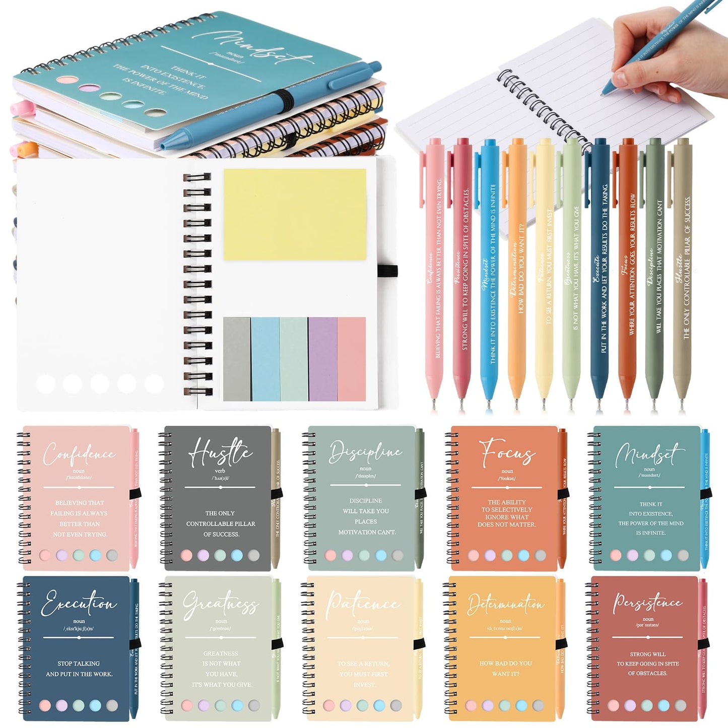 TecUnite 40 Pcs Motivational Spiral Notebooks with Sticky Notes Pen Inspirational Journals Bulk Appreciation Gift for Teacher Nurse Graduation Employee Team Coworker Staff (Macaron)