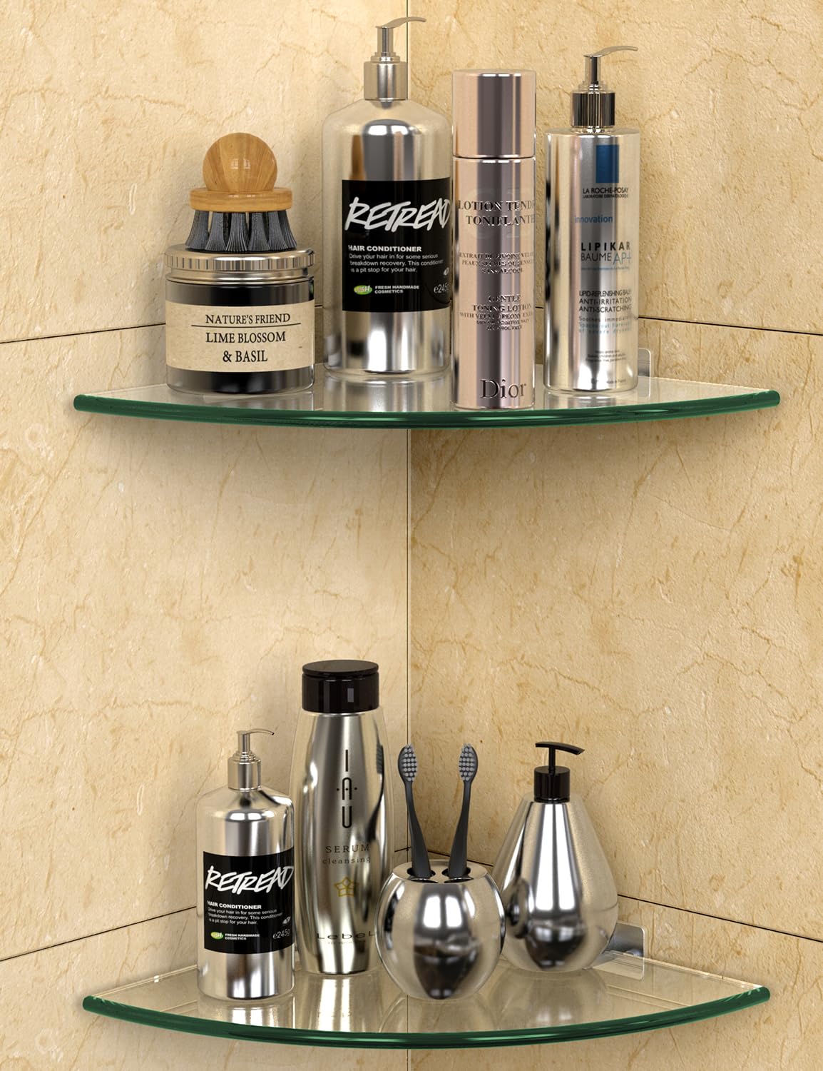 Bakzon Glass Corner Shower Shelf 2 Pack, 9.5" Tempered Glass Shower Caddy No Drill Adhesive Wall Mount, Holds 22 lbs, Rustproof Aluminum Brackets, Bathroom Corner Shelf for Inside Shower