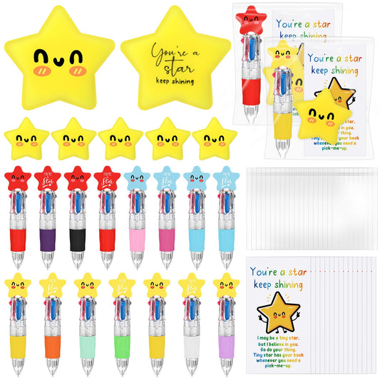 TaoBary 45 Sets Star Motivational Support Gift Bulk with 4-in-1 Multicolor Ballpoint Pens Squeeze Mini Stress Balls Inspirational Card OPP Bags for Employee Coworker Teacher Office Party Favor Reward