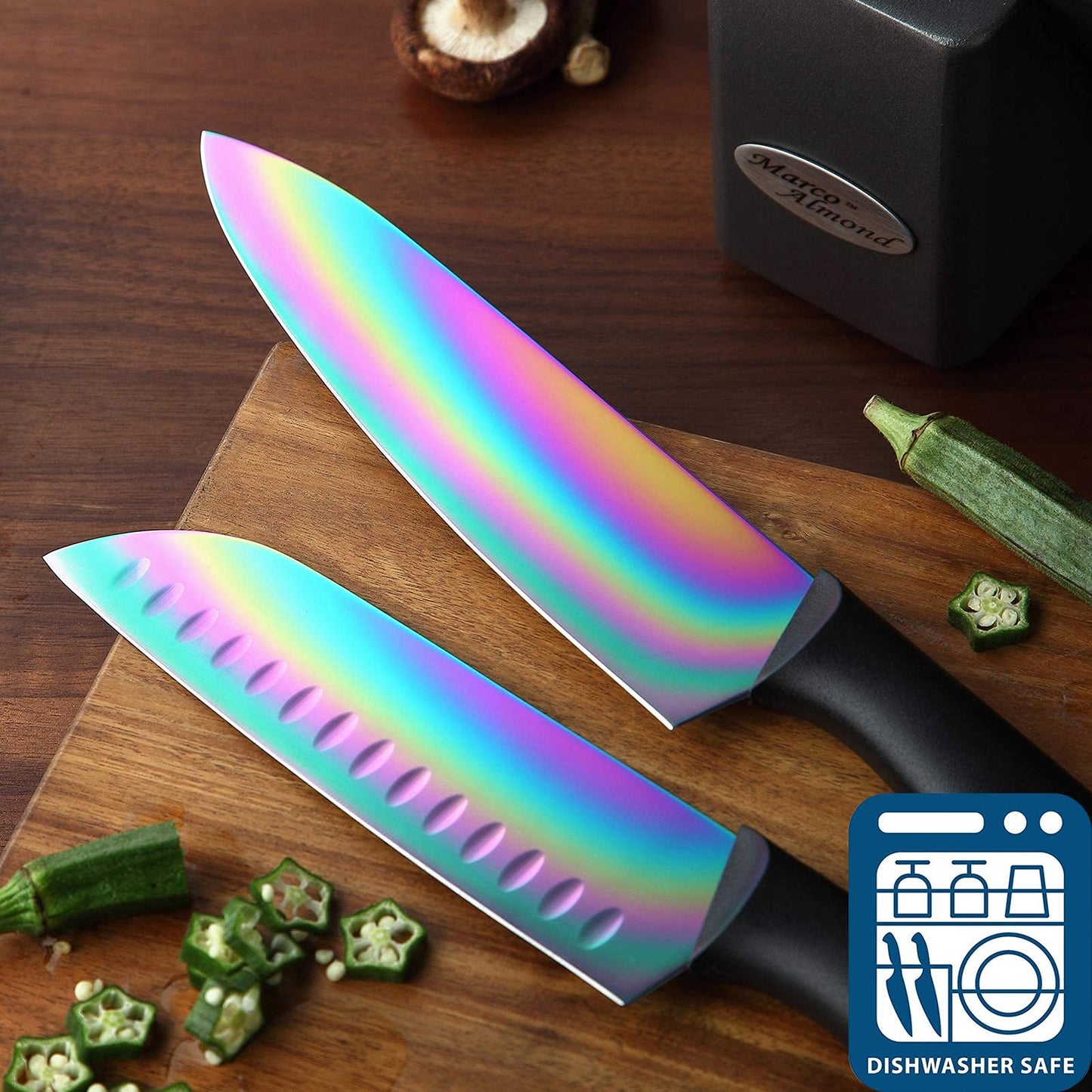 Marco Almond Knife Set with Block, 14 Piece Rainbow Titanium Knife Block Set, KYA25 Cooking Steak Knives set with Black Handle.