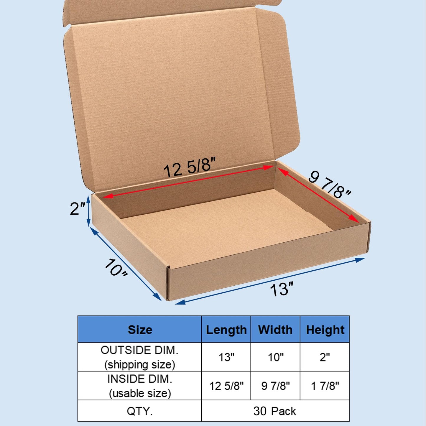 Wowxyz Brown Shipping Boxes 13x10x2" 30 Pack - Corrugated Cardboard Box Mailers for Small Business, Kraft Medium Literature Mailer Packaging Supplies