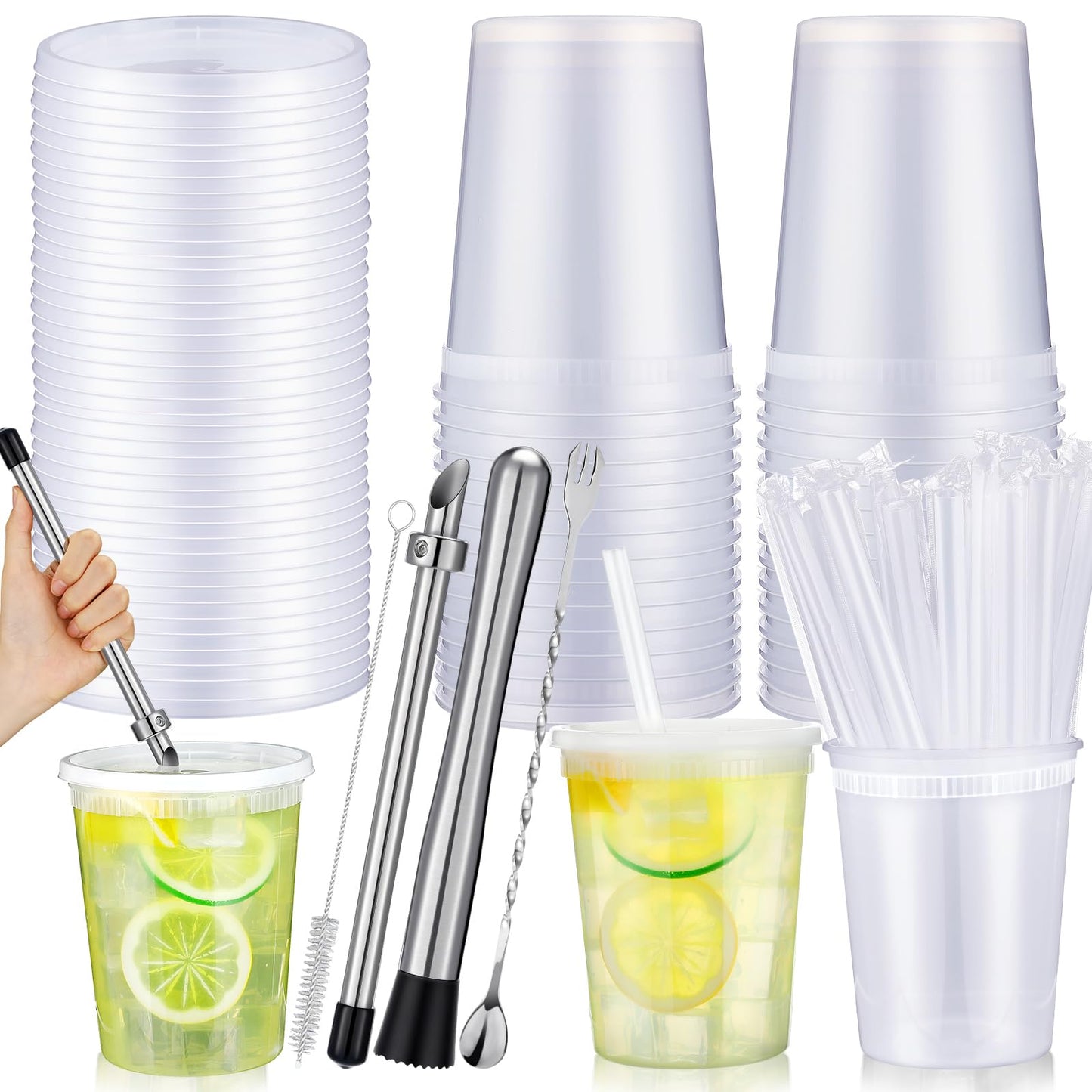 LemonRoad 24 Set Lemonade Stand Supplies Lemonade Stand Kits Include 24 Pcs 32oz Plastic Cups with Lid and Straw, Straw Puncher for Plastic Lids, Muddler, Mixing Spoon, Cleaning Brush for Summer Party