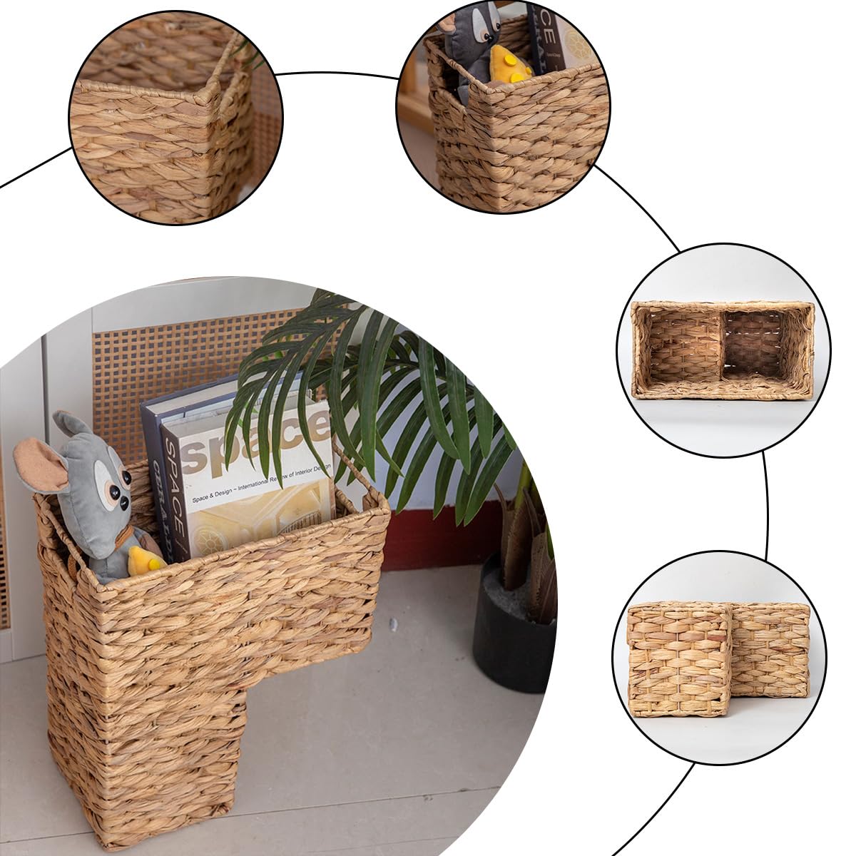 YAHUAN Stair Basket with Handles, Woven Water Hyacinth Stair Baskets for Carpeted Stairs, Stair Storage Basket Staircase Basket for Wooden Stairs (Water Hyacinth)