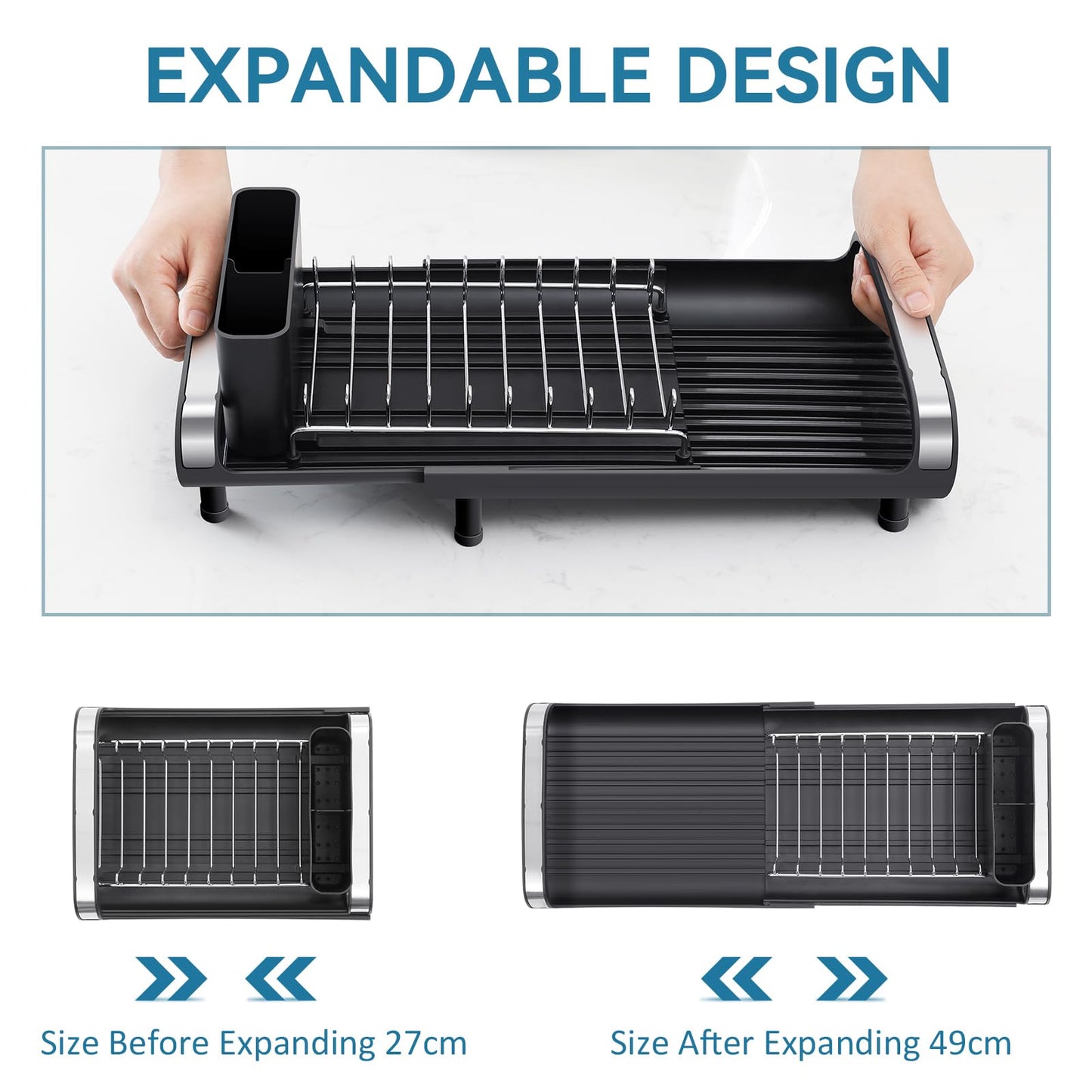 Small Dish Drying Rack, Mini Expandable Compact Dish Rack, Slim Extendable Stainless Steel Dish Drainer for Kitchen Plate Storage, Space Saving Dish Strainer in Sink or on Home Countertop, Black