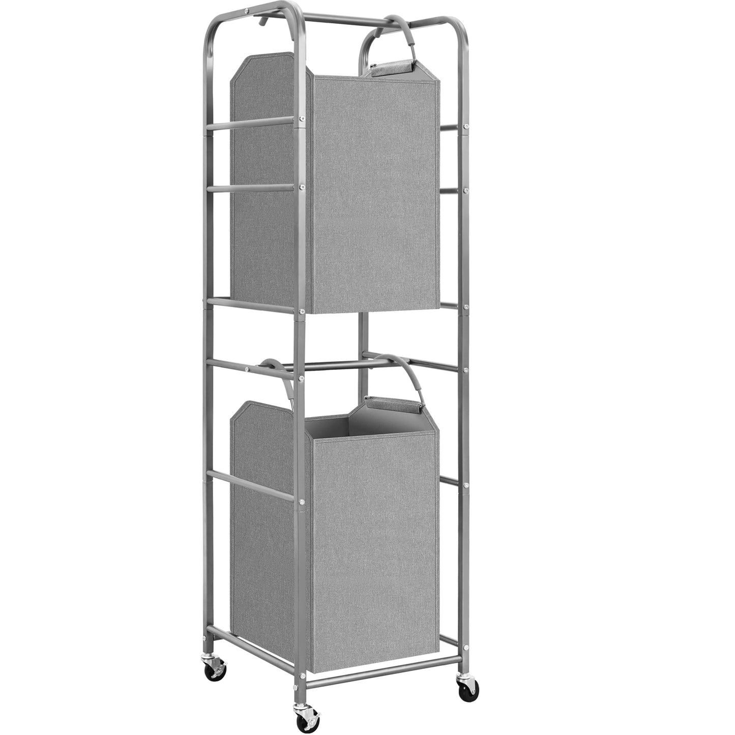 STORAGE MANIAC 2 Tier Vertical Laundry Hamper, 2 Section Laundry Sorter with 2 Removable Tote Bags, Rolling Clothes Basket for Towels, Blankets, Tall Dirty Clothes Hamper for Closet, Bathroom, 2 Bags