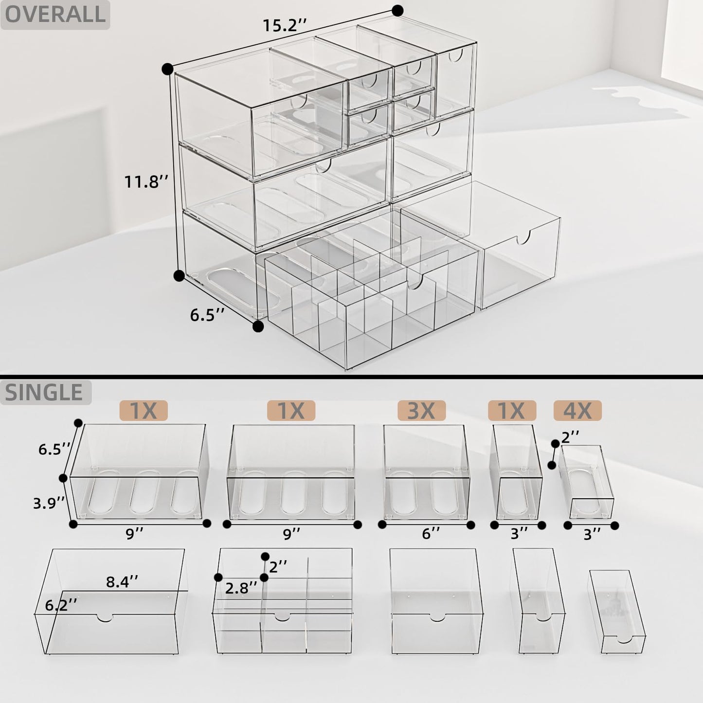 Yashong Desk Organizer Set, Clear Stackable Dustproof Storage Boxes for Desktop, Office, DIY Craft & Vertical Space Saving, Perfect for Makeup, Stationery, Jewelry Organization (10 Drawer)