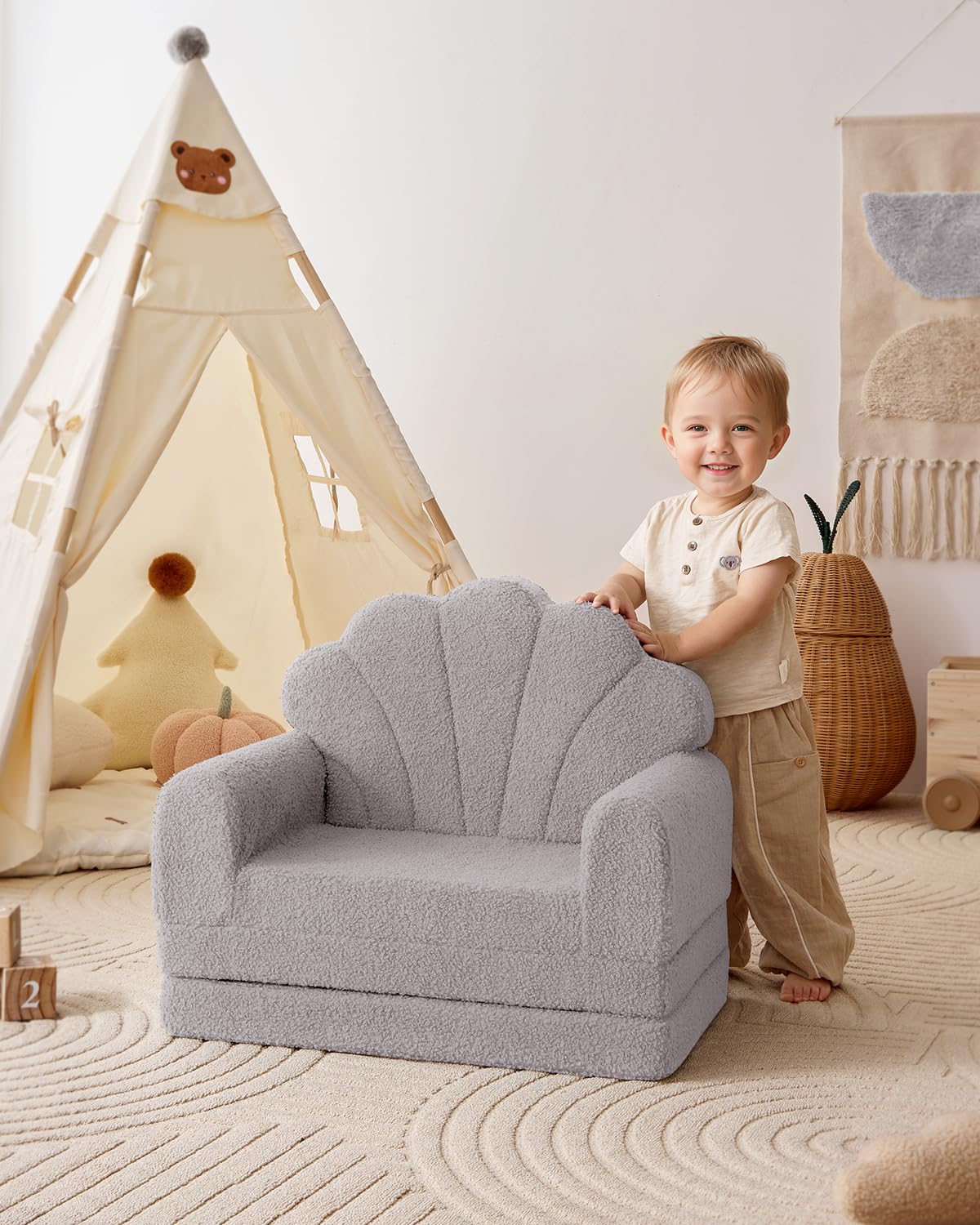 Blissful Diary Foldable Toddler Couch, 2-in-1 Comfy Toddler Chair & Lounger for Reading, Nap, Playroom, Kids Couch Sofa for 1 2 3+ Year Old Girls Boys Baby Birthday Gift, Gray Shell