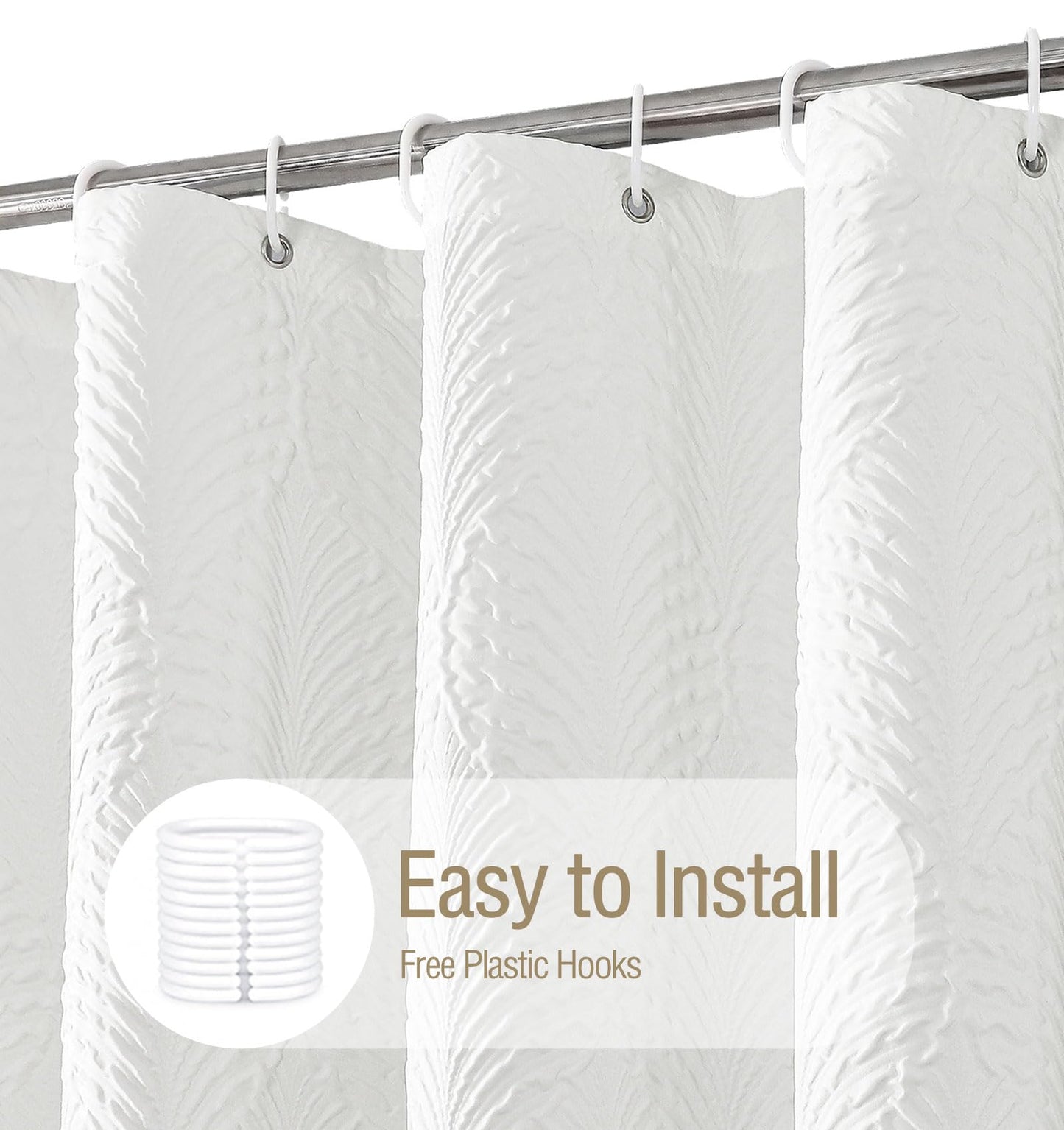Gibelle White Shower Curtain for Bathroom, 3D Embossed Textured Fabric Curtain, Modern Farmhouse Chic Soft Cloth Set with Hooks, 72x72