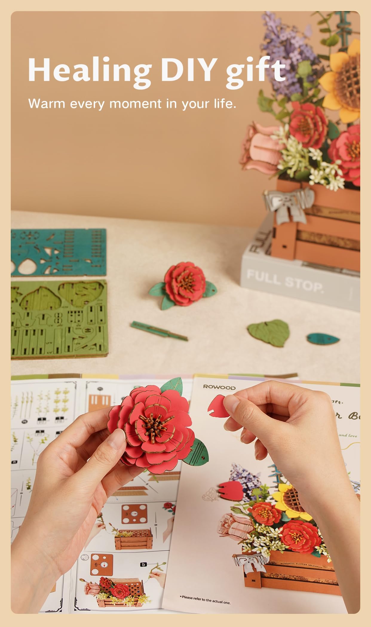 rowood 3D Puzzles for Adults,Mother's Day Wooden Flower Bouquet Building Set,DIY Artifical Flowers Botanical Collection,Adult Craft Kit as Christmas Birthday Valentine Gift-Wooden Bloom Box