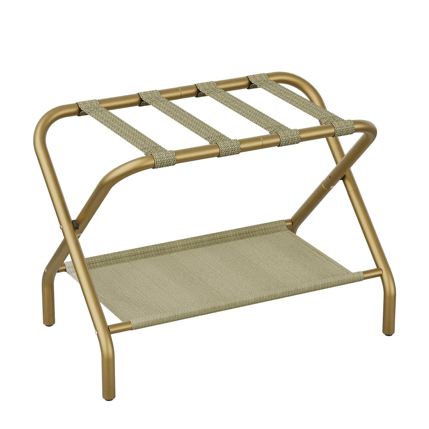Smart FENDEE Luggage Rack for Guest Room, Folding Suitcase Stand with Shoe Shelf, Easy Assembly, Portable, Hold up to 110 lb, Gold, 1 Pack
