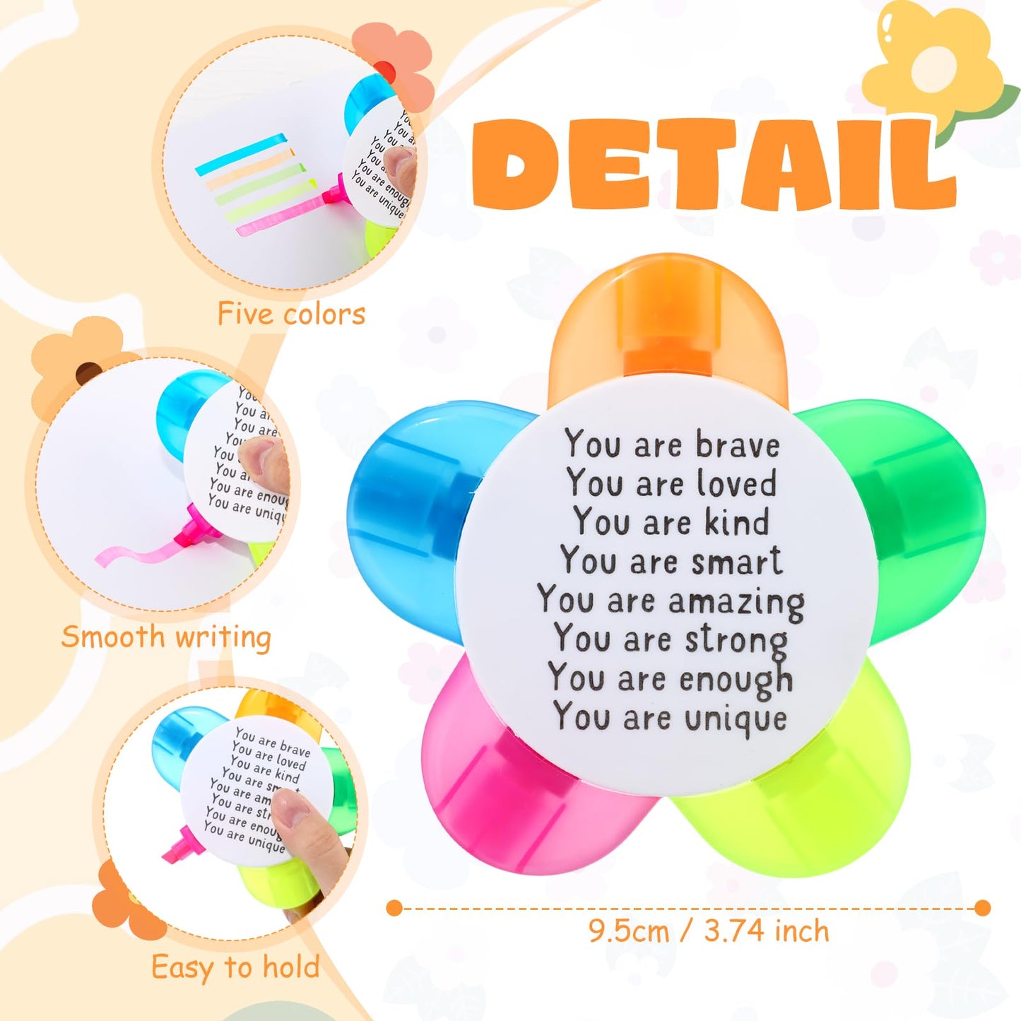 AmazingSpark 24 Sets Petals Flower Highlighters Gifts 5 in 1 Fluorescent Pens with Motivational Cards Gift Bags for Graduation (Brave)
