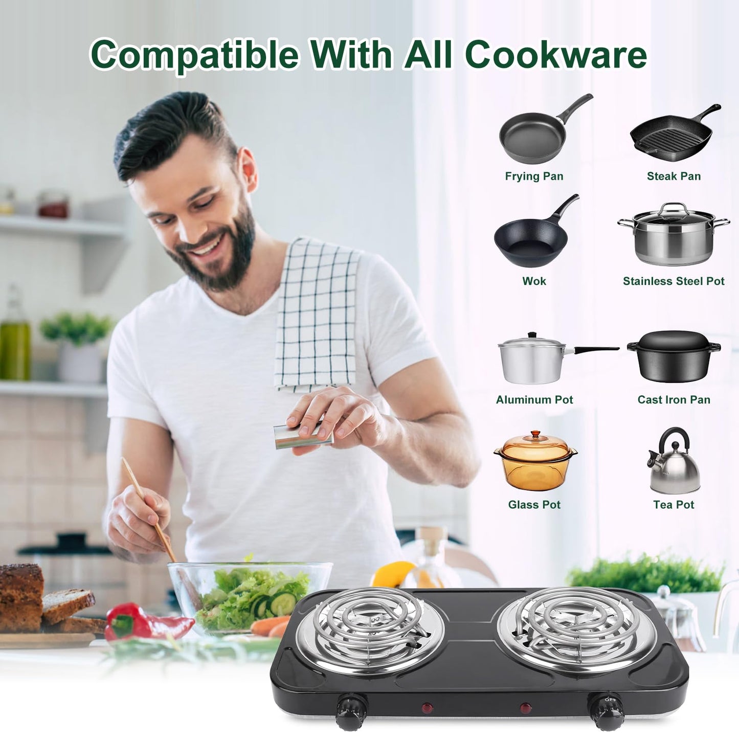 Double Burner Cooktop, 2000W Portable Electric Stove, 5 Level Temperature Control, 6” Heating Coil, Easy to Clean, Power Indicator Lights, Coil Hot Plate for Home Dorm Camping Cooking