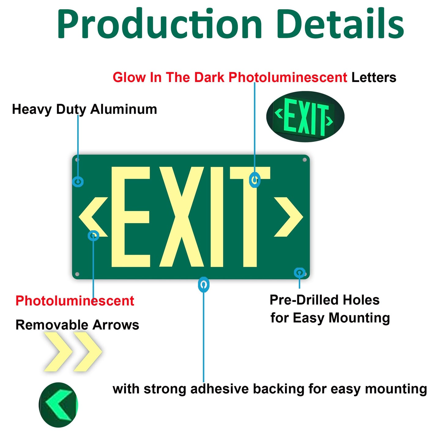 (2Pack) Photoluminescent Exit Sign, Glow In The Dark Aluminum Exit Sign Green - Adhesive Backing - 4pcs Removable Arrows Included - 14.25 x 7.5 Inches - Non Electrical Exit For 50 Feet Visibility