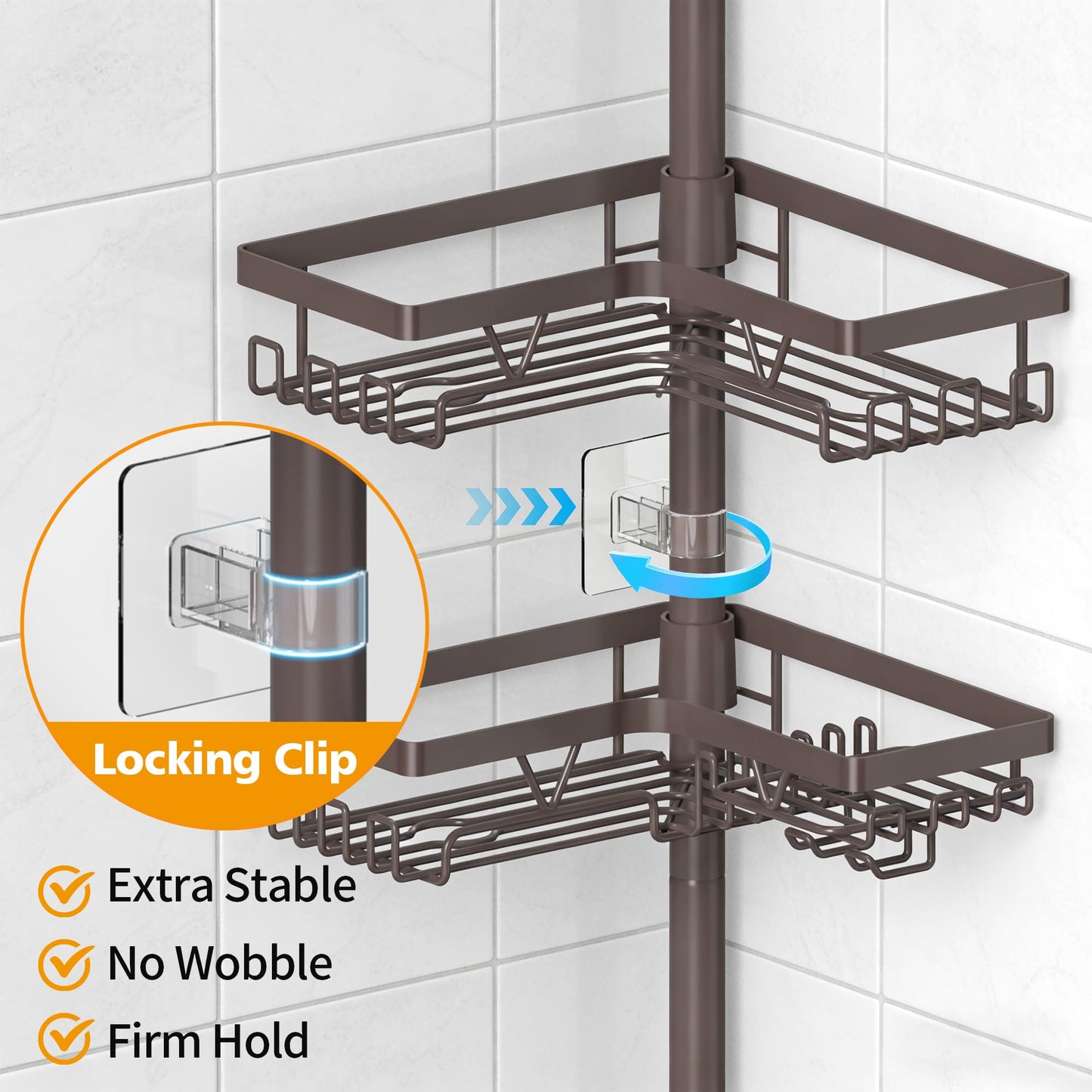 KEGII Shower Caddy Tension Pole with 2 Towel Bars, Adjustable Corner Bathroom Organizer, Rustproof Bathtub Storage Shelves for Shampoo, 25–114.2 Inch Shower Corner Rack for Renters & Family, Bronze