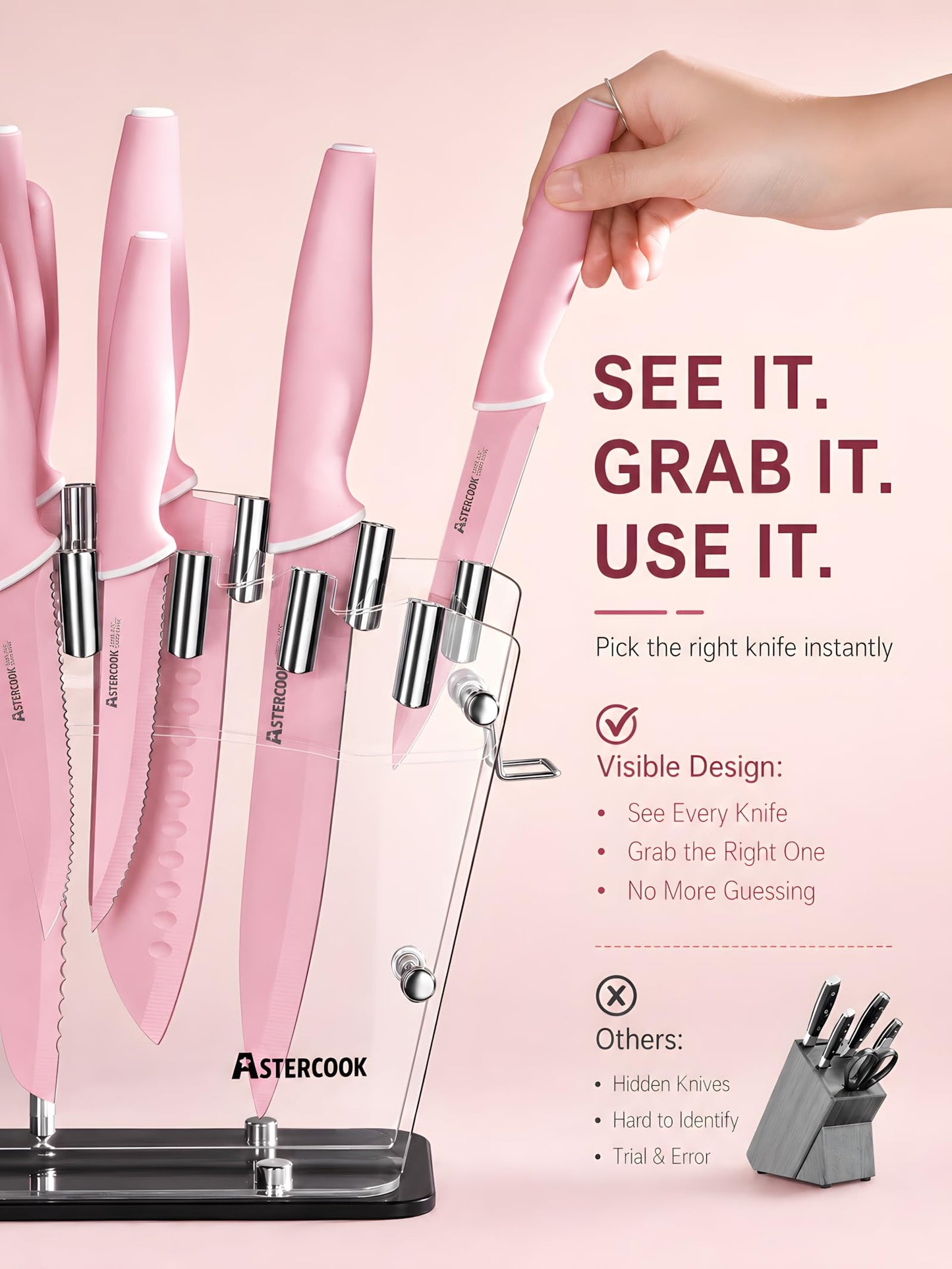 Astercook Knife Set with Block and Sharpener, 22 Piece Kitchen Knife Set Dishwasher Safe, Space-Saving Clear Knife Block with Knives for Everyday Home Cooking Pink