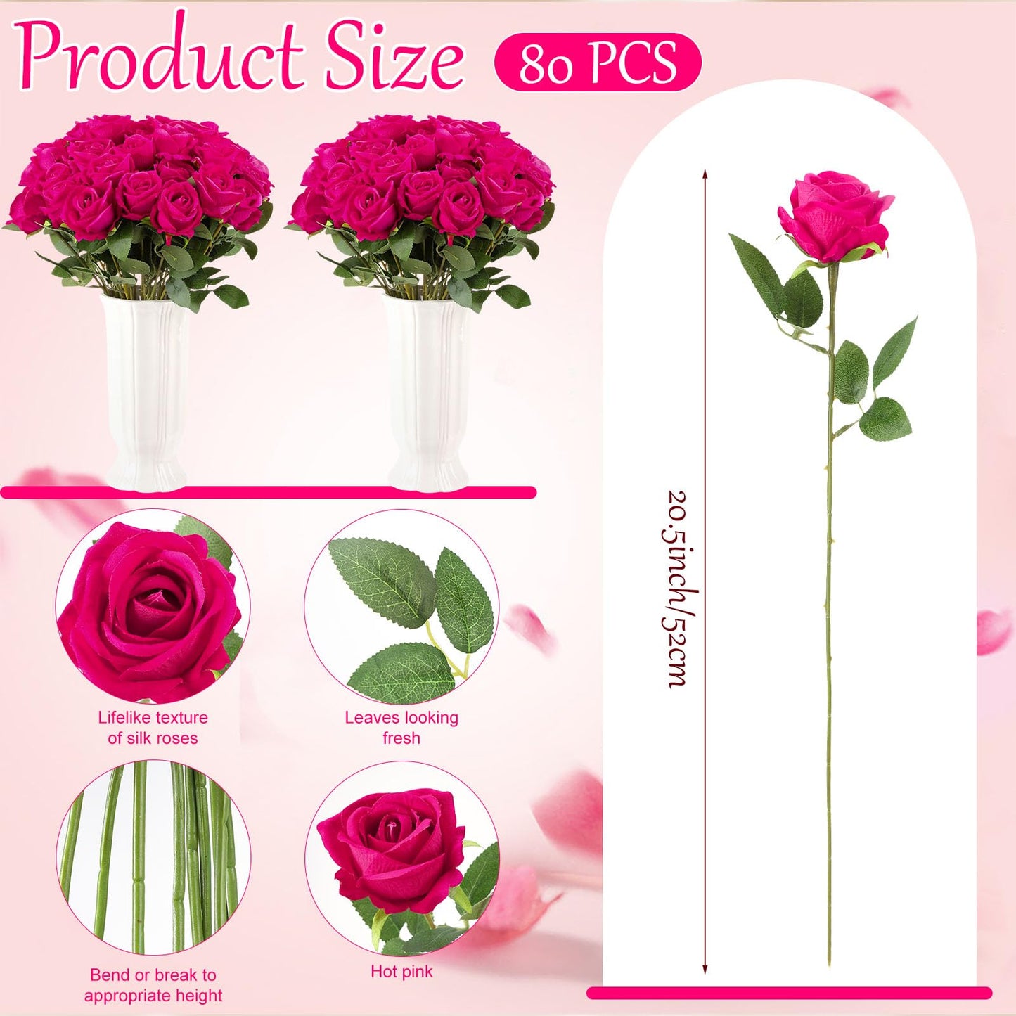 Ovveroche 80 Pcs Roses Artificial Flowers, Silk Hot Pink Artificial Flowers Petals Long Stem Roses for Wedding Bouquet Home Party Decor