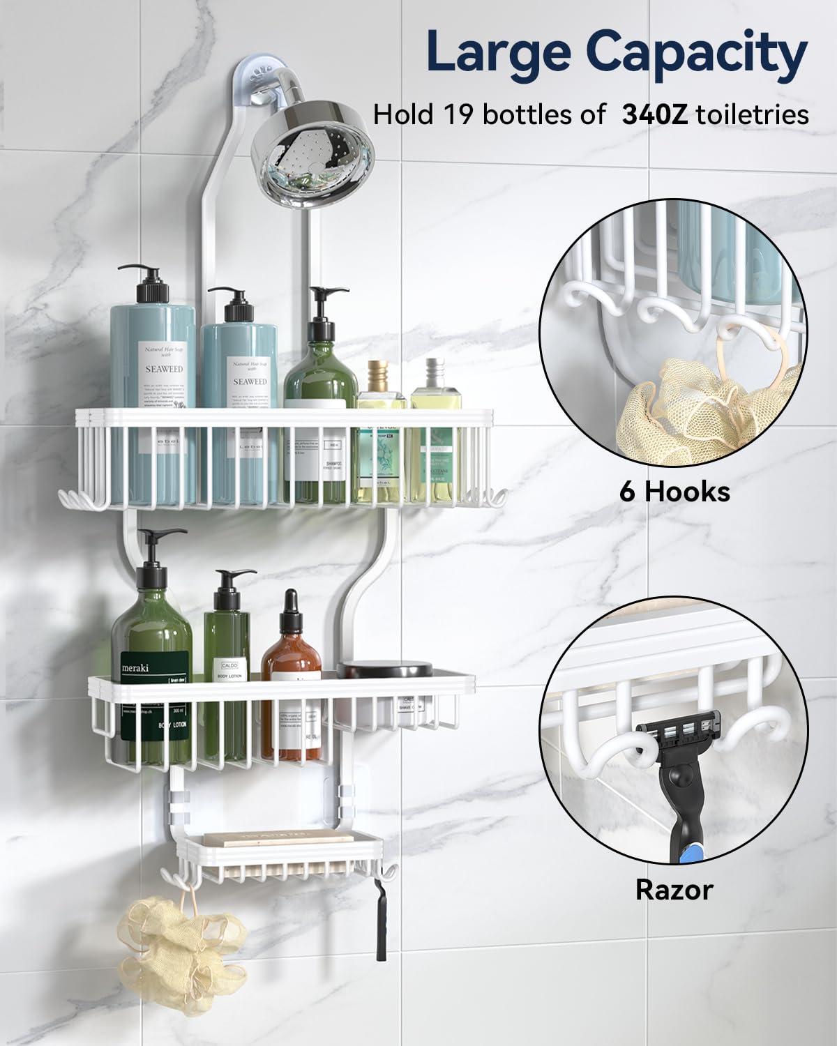 YASONIC Never-Rust Aluminum Hanging Shower Caddy – Over-the-Showerhead Organizer with 10 Hooks for Razor and Sponge – Includes Soap Basket – White