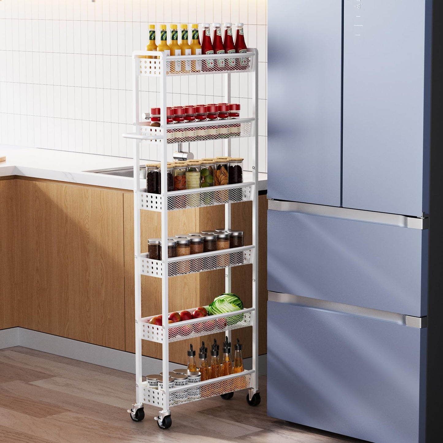 Xpatee 6 Tier Slim Storage Cart with Wheels, 6" D Rolling Storage Cart for Small Space, Metal Narrow Spice Cabinet Mobile Shelving Unit Organizer with Handle for Kitchen, Laundry - White