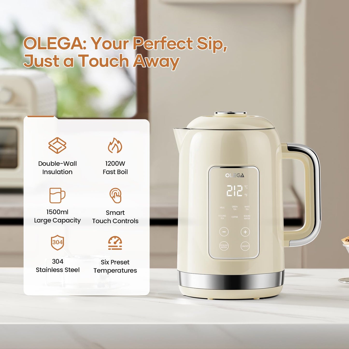 Electric Kettle Temperature Control: OLEGA 1.5L Stainless Steel Smart Kettle Hot Water Boiler, 6 Temp Presets, 1200W Fast Boiling Electric Tea & Coffee Kettle, Electric Kettles Teapot for Home -Beige