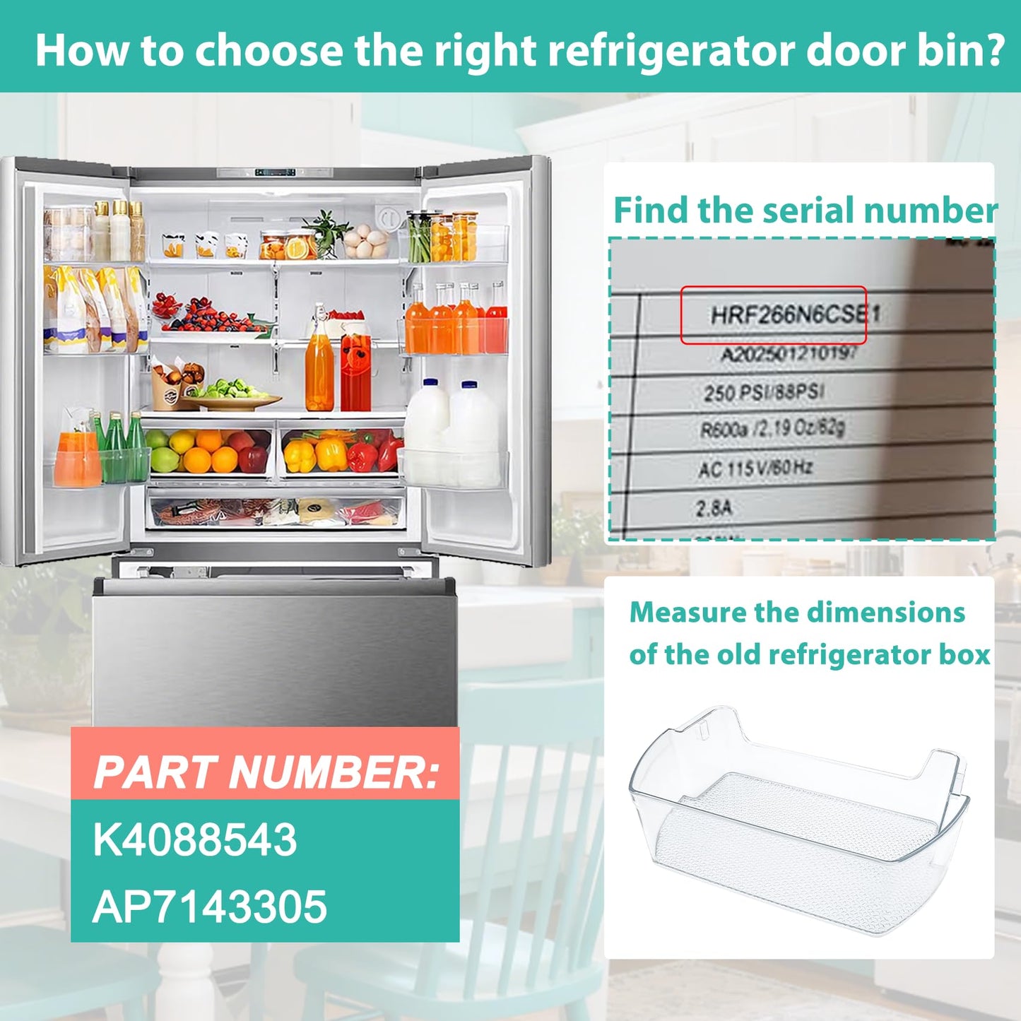 HRF266N6CSE1 Door shelf, Compatible with Hisense Refrigerator Door Bin Right and Left HFR266N6CSE, RF26N1ASE, HRF266N6CSE. for Hisense Upper Door Shelf Right HRF254N6TSE, HRF254N6DSE. part: K4088543.