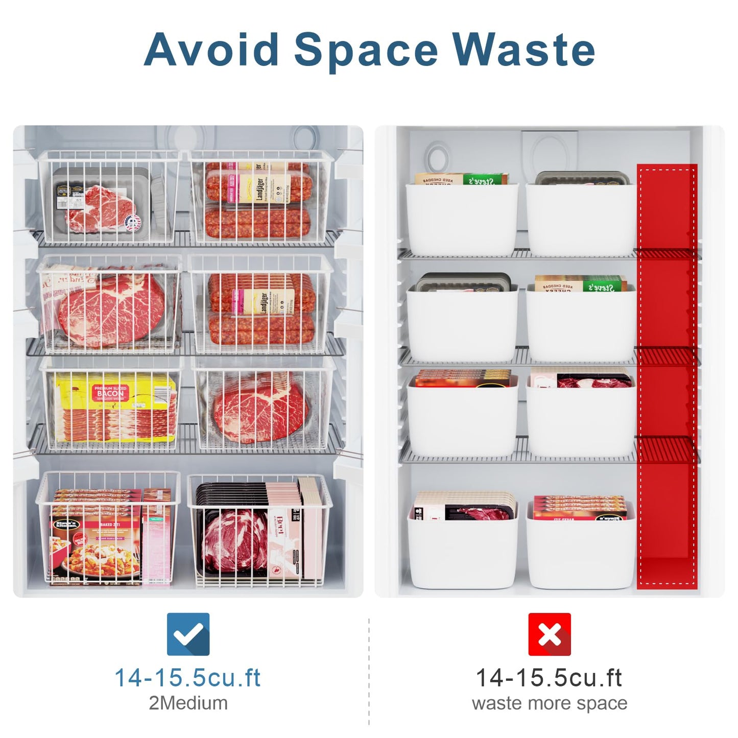 iSPECLE Upright Freezer Organizer Bins - Fits 14 to 15.5 Cu.Ft Stand up Freezer, 4 Pack Medium Upright Baskets, High-Sided Easy-View Design for Better Airflow, White