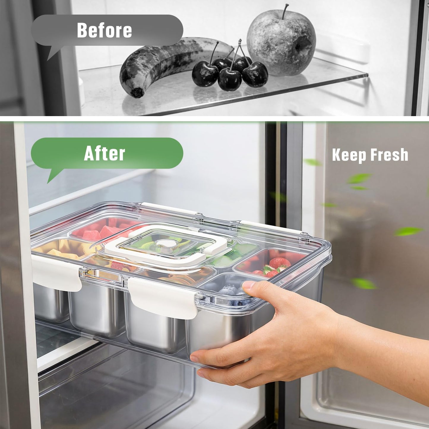 Snackle Box Container, 304 Stainless Steel Divided Serving Tray with Lid and Handle, Portable 8 Compartments Veggie Tray for Fruits,Veggies,Nuts &Candy, Dishwasher Safe for Travel,Picnic,Beach&Parties