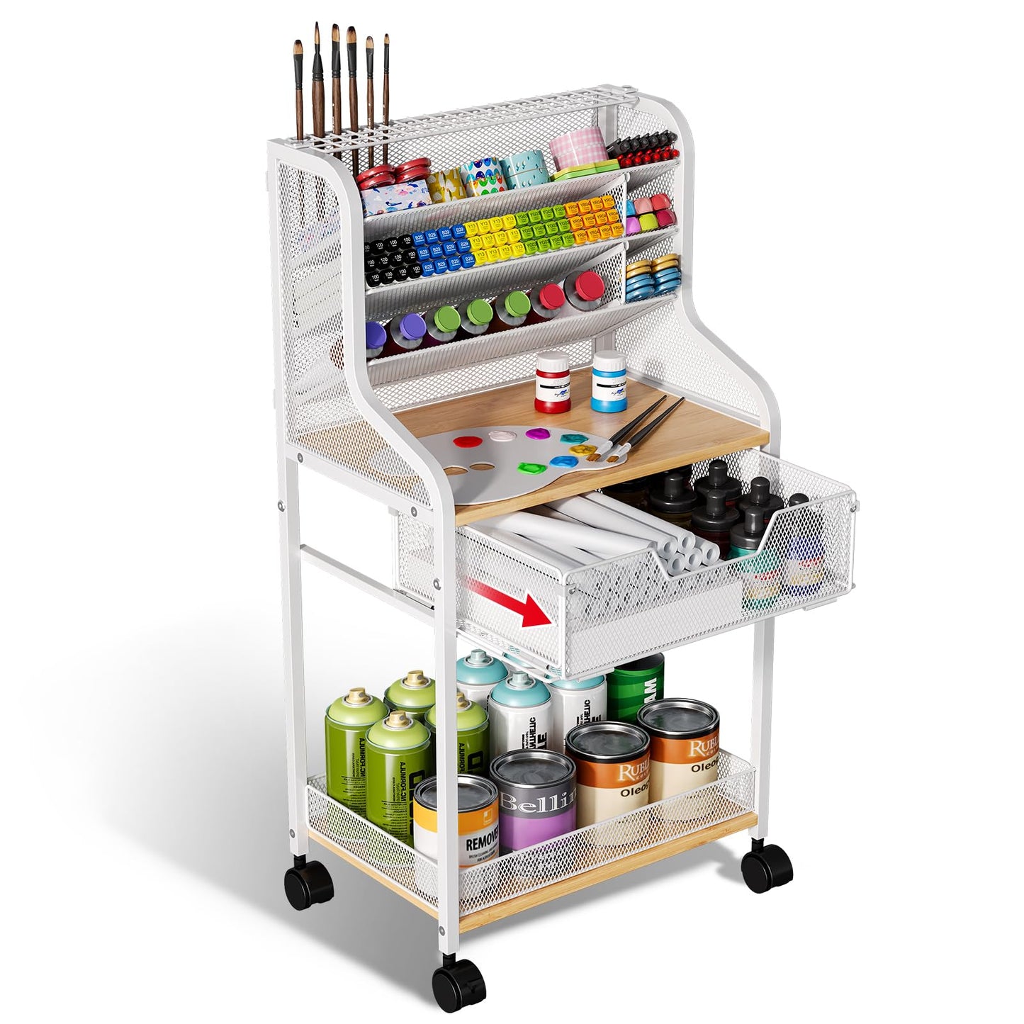 Small Utility Rolling Cart with Drawer, White Craft Organizer and Storage, Metal Craft Cart with Lockable Wheels, 6 Tiers Craft Storage Paint Organizer, Store for Brushes Paints Artifacts Small Parts