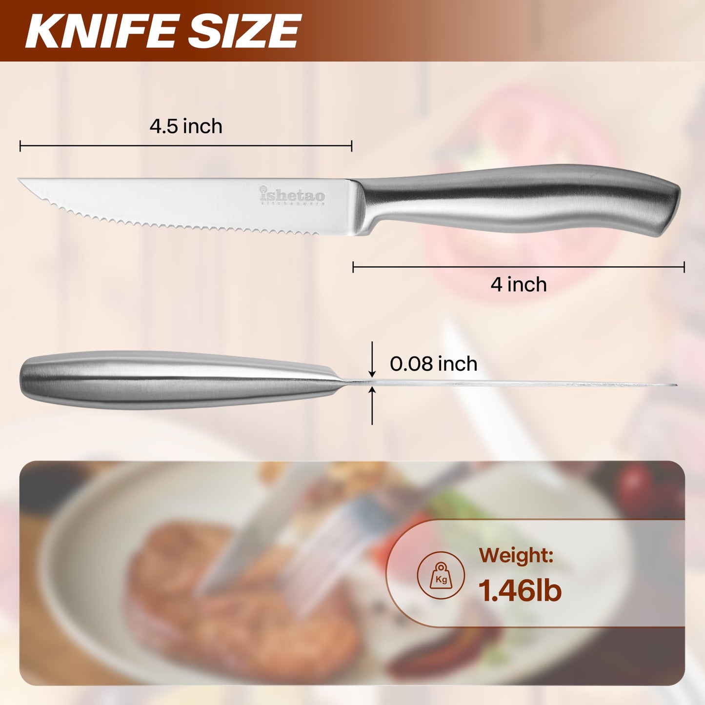 isheTao Steak Knife Set of 6, 4.5 inches Dishwasher Safe High Carbon Stainless Steel Knives, Silver
