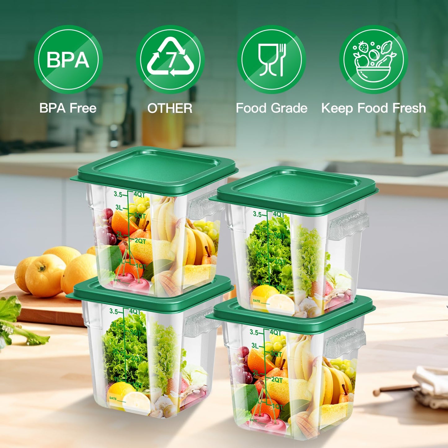 FeyBuosk 4 pcs 4qt Food Storage Containers with Lid, Square Clear Commercial Food Storage Containers with Handle and Scale for Food Storage in Home Kitchen & Dining (Green)