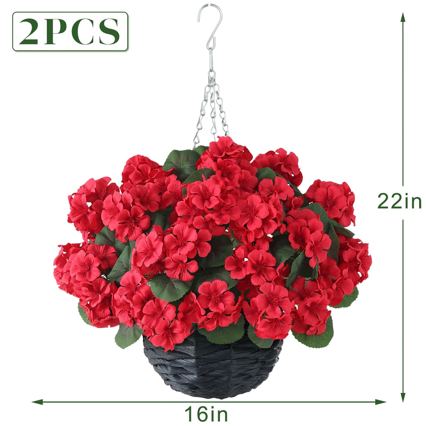 GLIDLION 2 Set Artificial Geraniums Flowers with Hanging Baskets for Outdoors - Sun Resistant Silk with Geranium Flowers, Fake Hanging Planters for Front Porch Garden Patio Home Decor (Red)