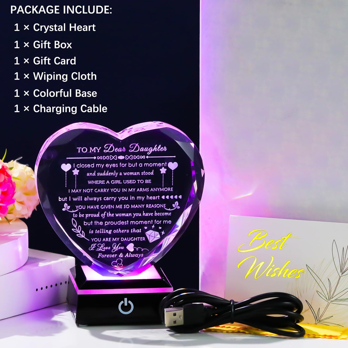 YWHL Gifts for Daughter with Colorful LED Base Best Daughter Birthday Gifts from Mom Dad Heart Crystal to My Daughter Gift on Christmas Valentines Mothers Day