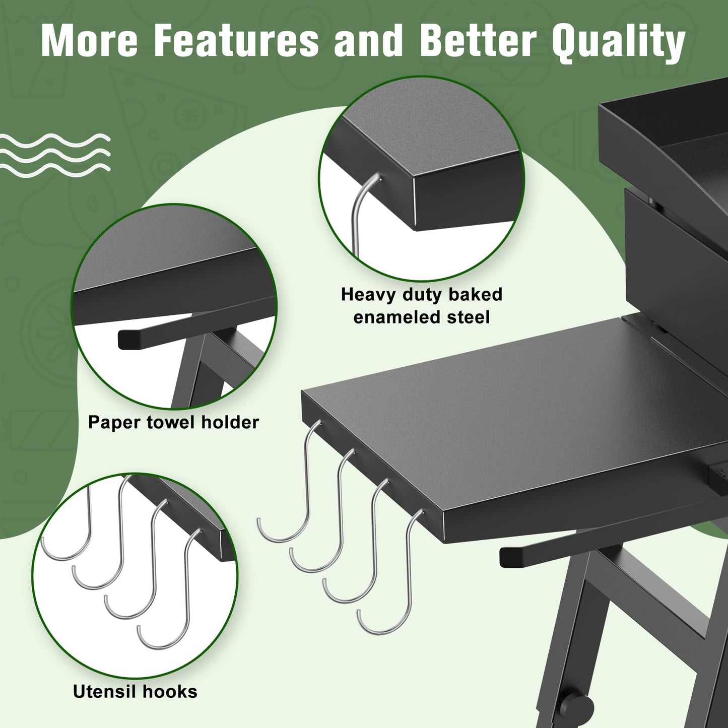 Griddle Side Shelf for Blackstone 17" and 22" Griddle Stand 5013, Griddle Table for Blackstone Griddle Stand with Sideshelf, Tool Hooks, Paper Towel Holder, Fit for 17 22 Inch Propane Table Top
