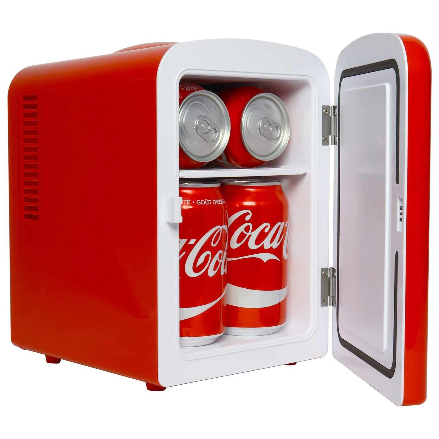 Coca Cola Mini Fridge for Bedroom Cosmatic Office 4L Small Refrigerator 6 Can Mini Dorm Fridge Portable Cooler 12V DC 110V AC Personal Travel Snacks Drinks Red