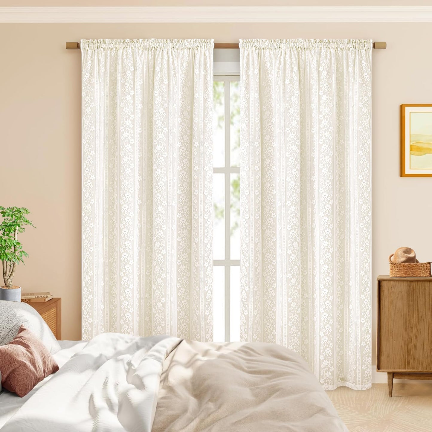 ASPMIZ Linen Curtains for Bedroom, Double Layered Boho Curtain for Living Room Farmhouse Curtain 84 Inch Length 2 Panels Set, Rustic Curtains & Drapes Rod Pocket with Tiebacks, 52 x 84 Inch, Beige