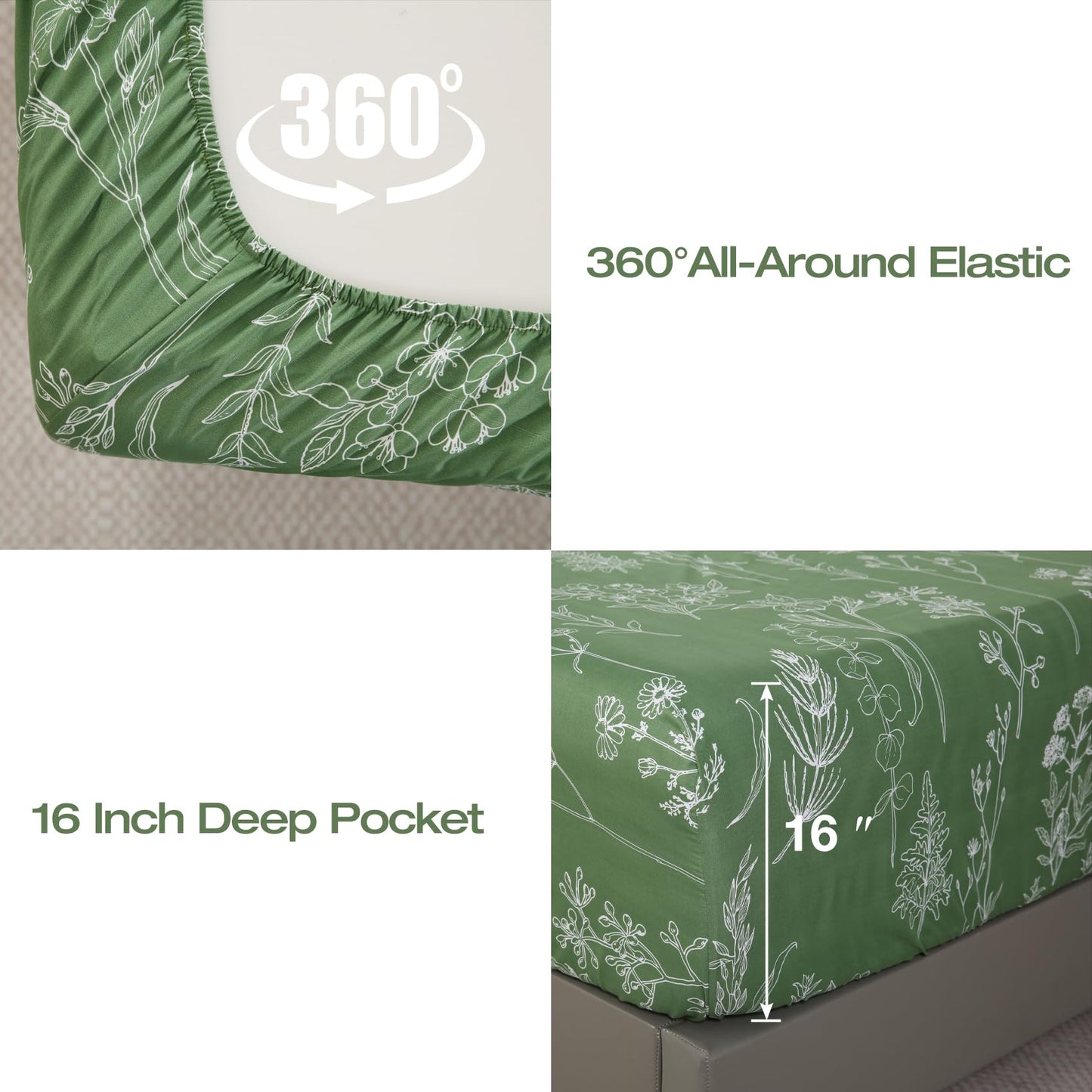 Yibeizi Green Floral Sheet Set Queen, Botanical Rustic Pattern Bed Sheets Boho Bedding Sheets & Pillowcases Soft Microfiber 15" Extra Deep Pocket Fitted Bedsheet 4 Piece