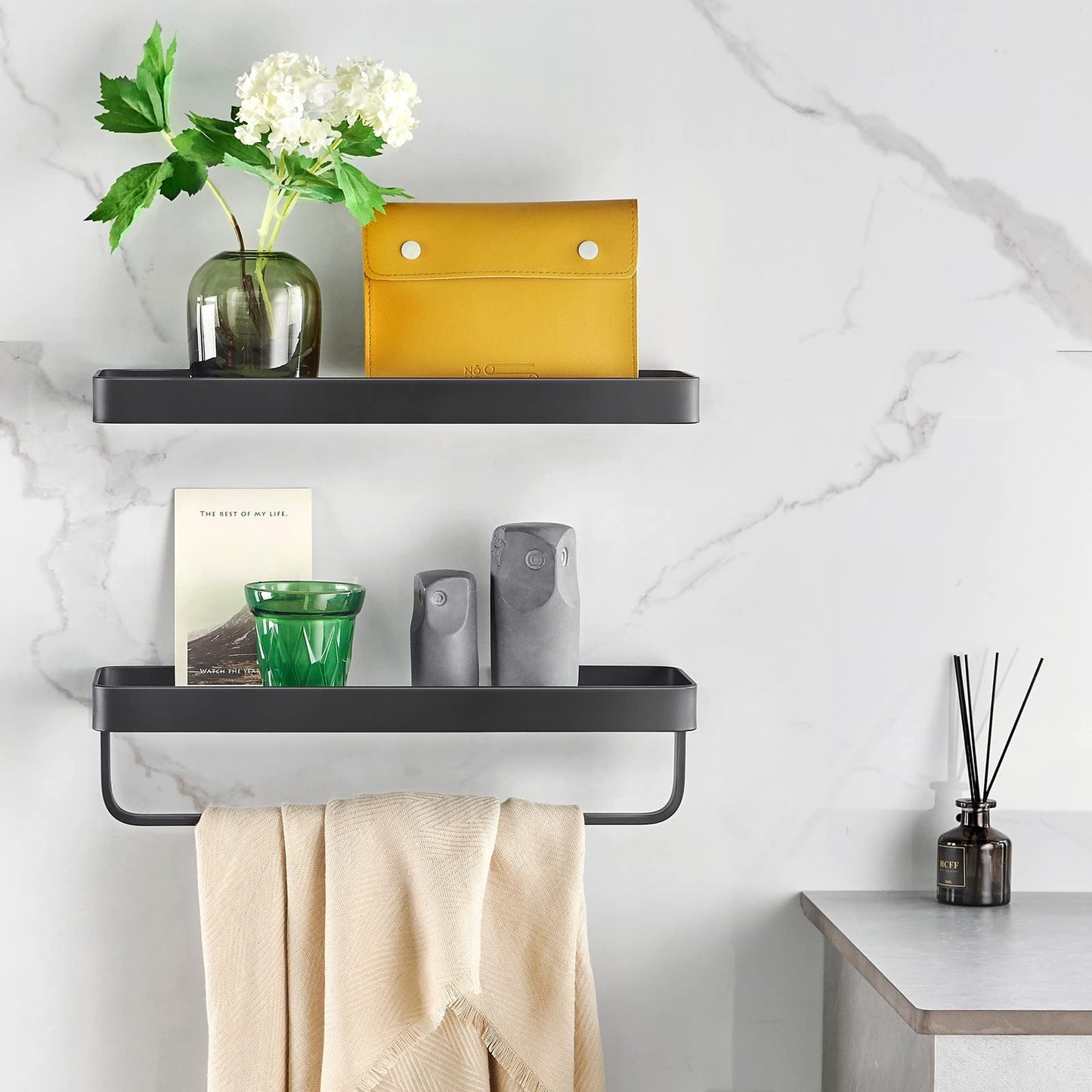 VOLPONE Bathroom Shelves Wall Mounted Glass Shelf for Floating Shelf Tempered Glass Shelves 2 Tier Bathroom Wall Organizer(Black)