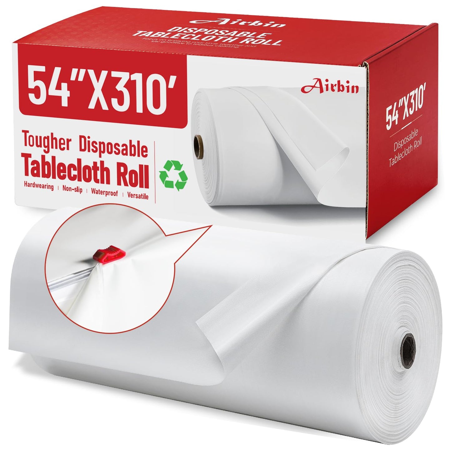 Airbin Plastic Table Cloth, 310 Ft X 54 in Disposable Tablecloth White Plastic Tablecloth with Any Cut Sliding Cutters Premium Table Cover Roll for Picnics, Parties, Birthdays, Weddings