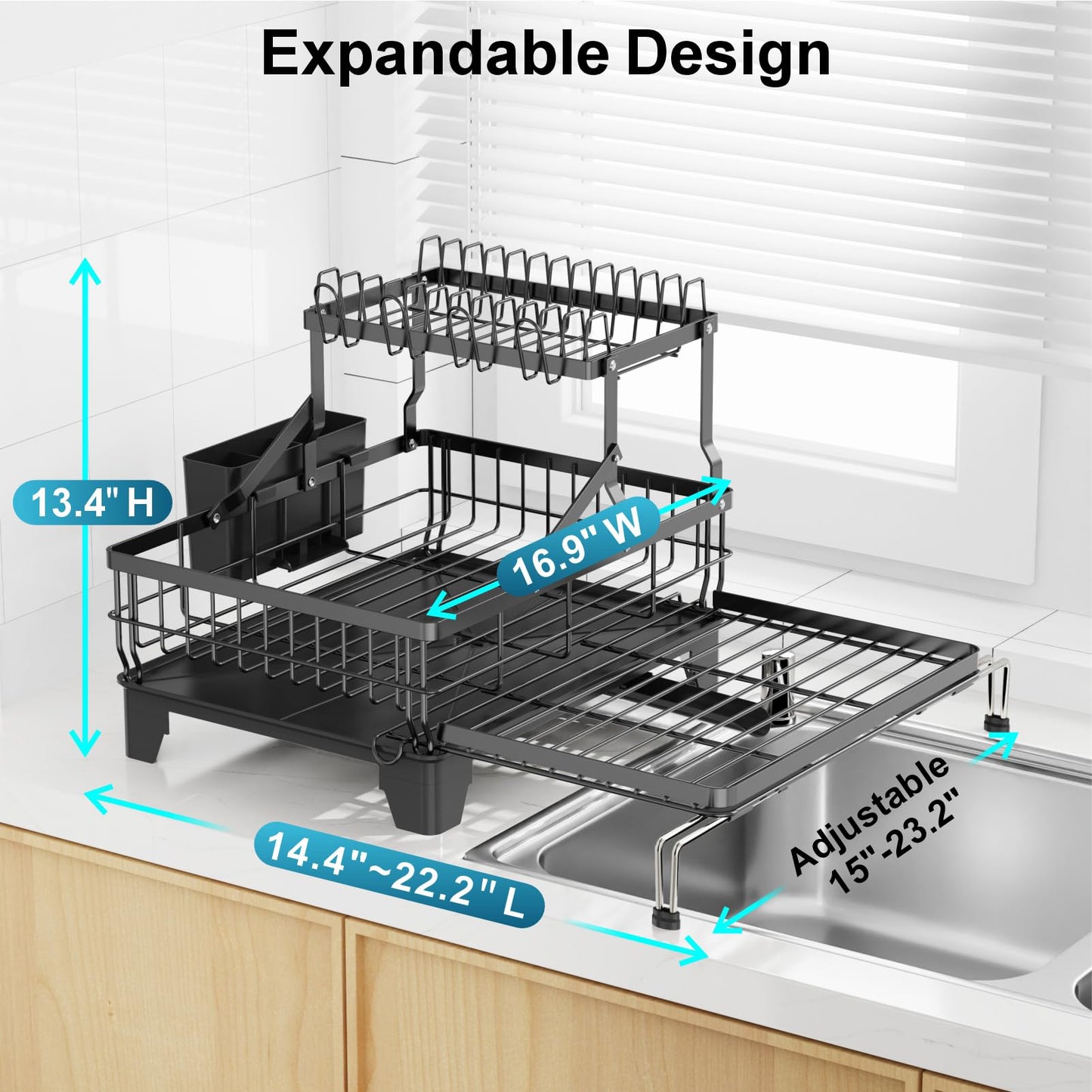 GSlife Large 2 Tier Dish Drying Rack, Expandable Multifunctional Dish Rack for Kitchen Counter, Rust-Resistant Dish Drainer with Utensil & Cup Holder, Auto-Drain, 16.9" W x 14.4"-22.4" L, Black
