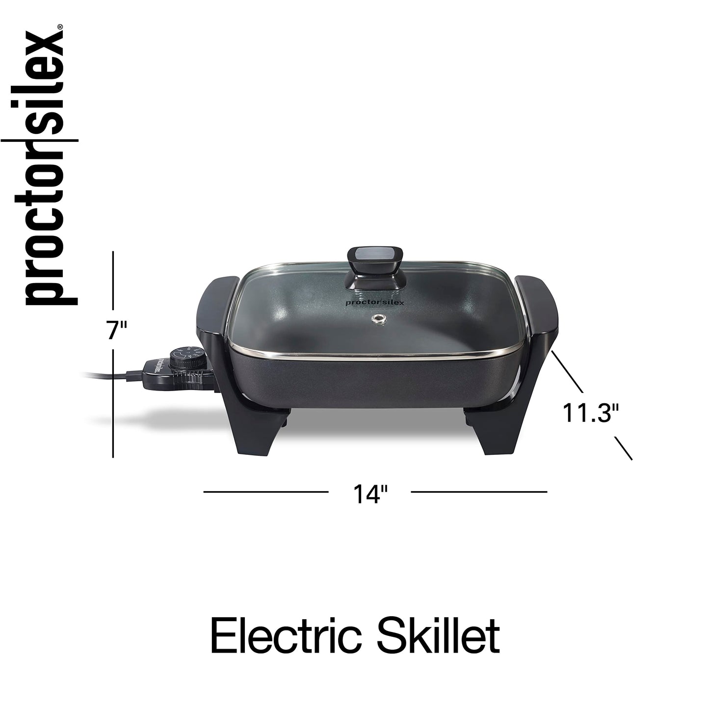 Proctor Silex Electric Skillet with Lid, 116 sq. in. Nonstick Cooking Surface for Frying, Sauteing, Simmering and Braising, Adjustable Temp 200° to 400° F, Black (38526PS)