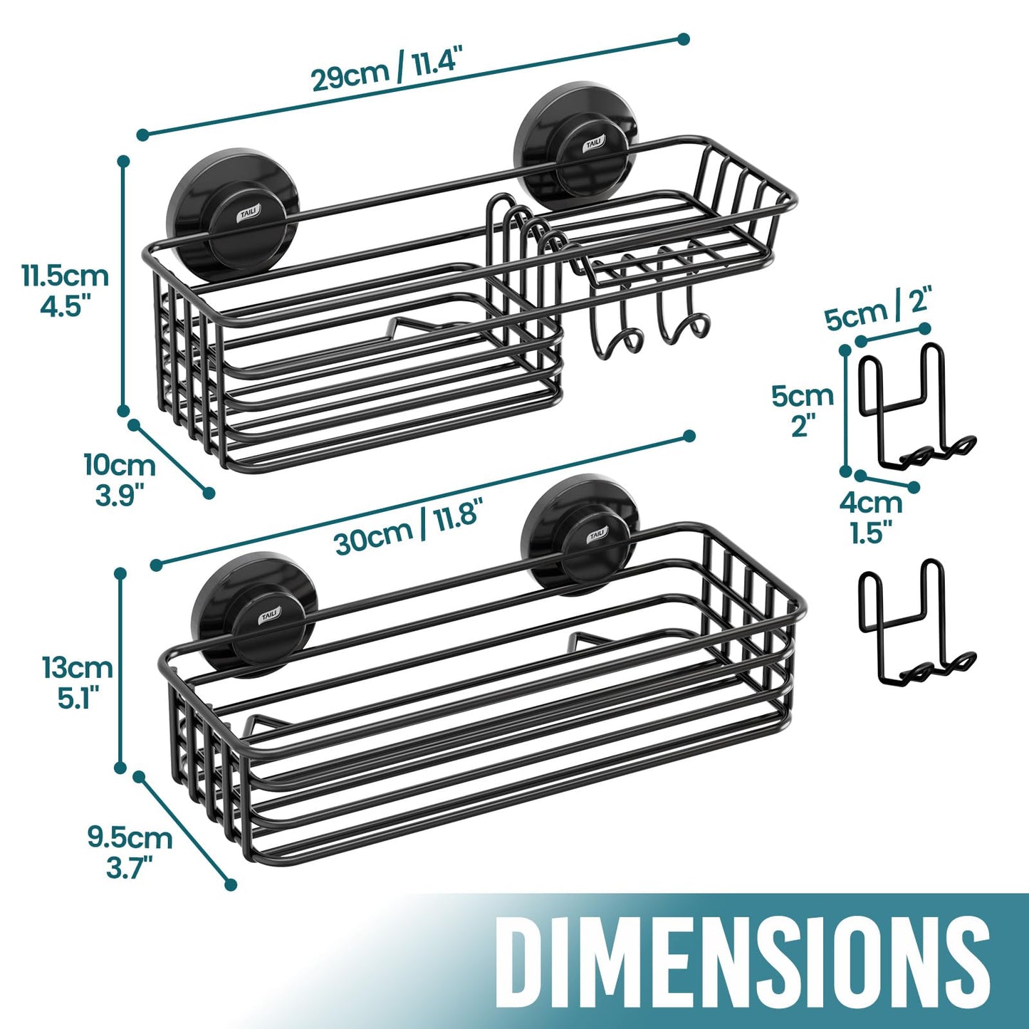 TAILI Shower Caddy Suction Cup 2 Pack with Hooks & Soap holder, Heavy Duty Shower Organizer for Bathroom, No Drilling Bathroom Organizer with Large Capacity, Black Metal Storage Basket