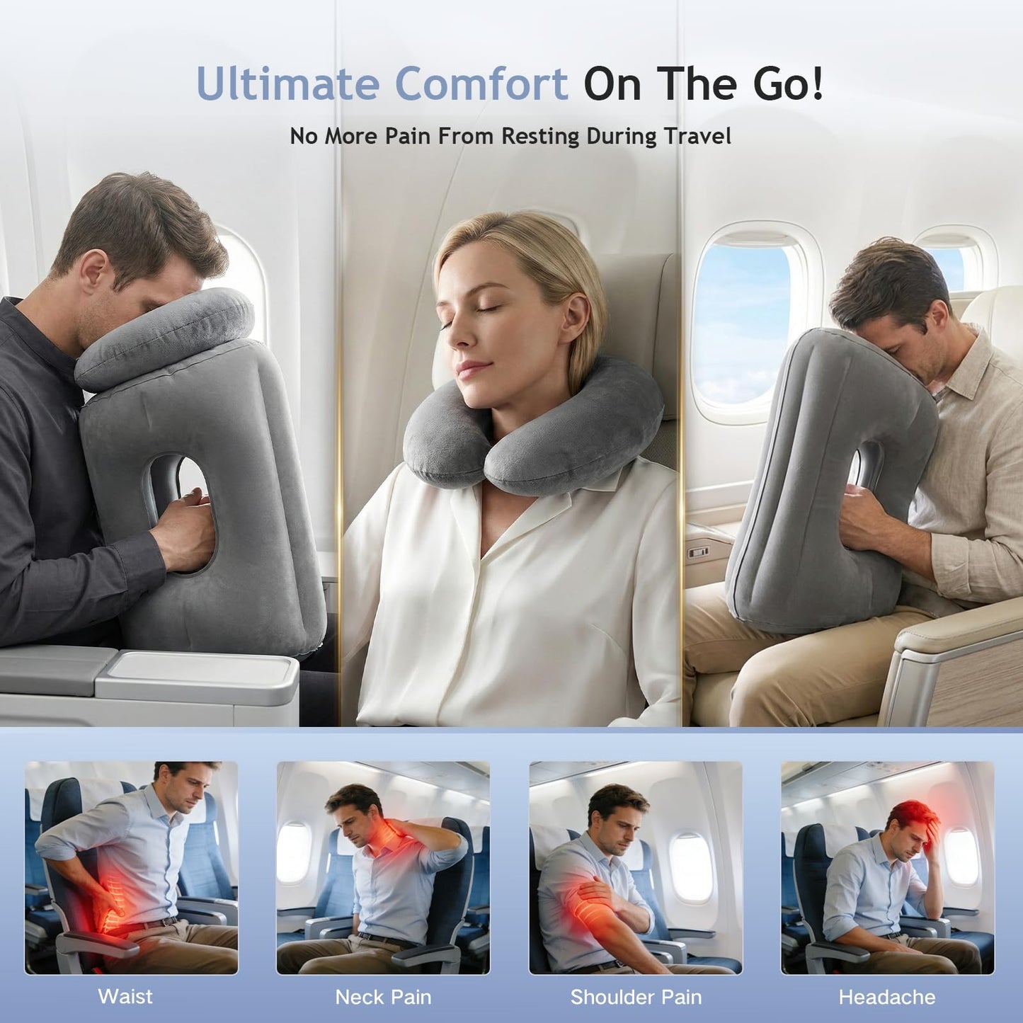 Werfeito 2-in-1 Magnetic Design Inflatable Travel Pillow, Ergonomic Neck Support Airplane Pillow for Flying, Compact Camping Pillow with Storage Bag for Home Nap & Car Travel (Grey)
