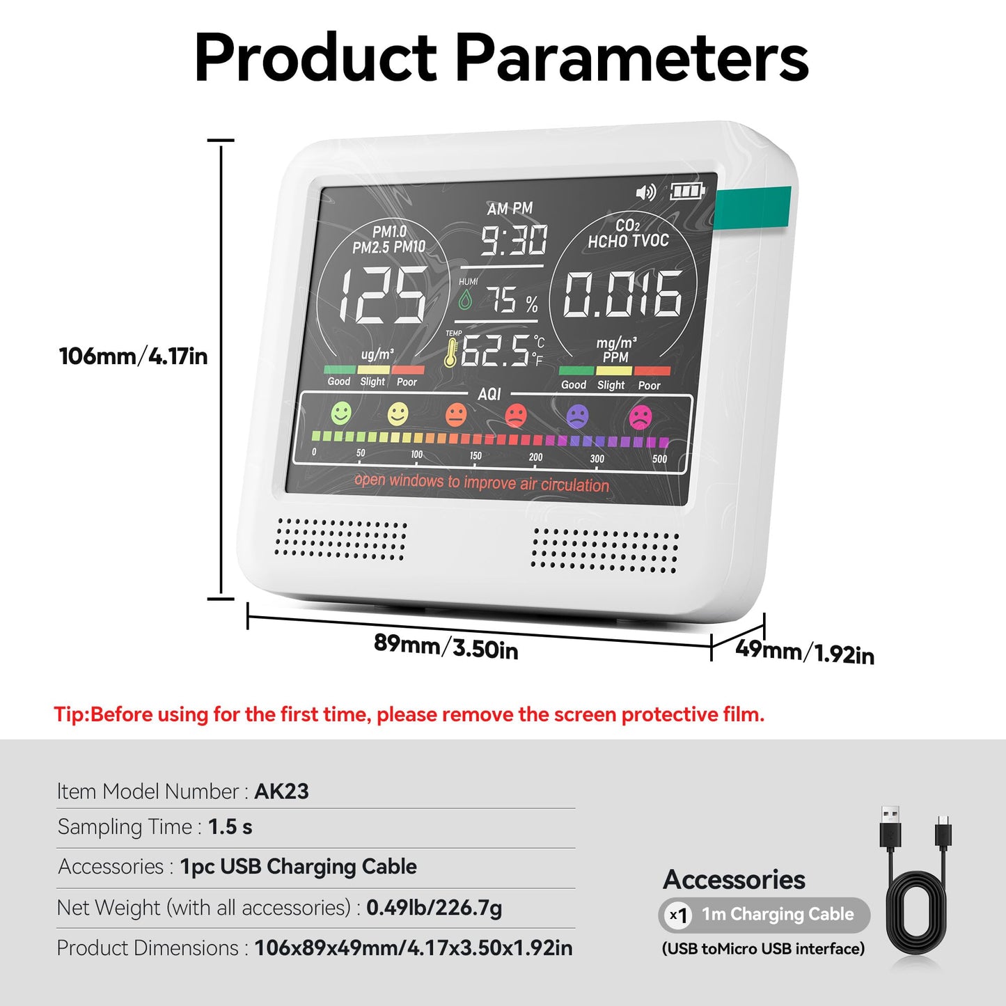 16-in-1 Air Quality Monitor Indoor, Portable Air Quality Tester for Home, Office, Formaldehyde Detector with Beep Alarm, AQI | PM1.0 | PM2.5 | PM10 | CO2 |Temp | HUM | Time, Voc Tester (Bright White)