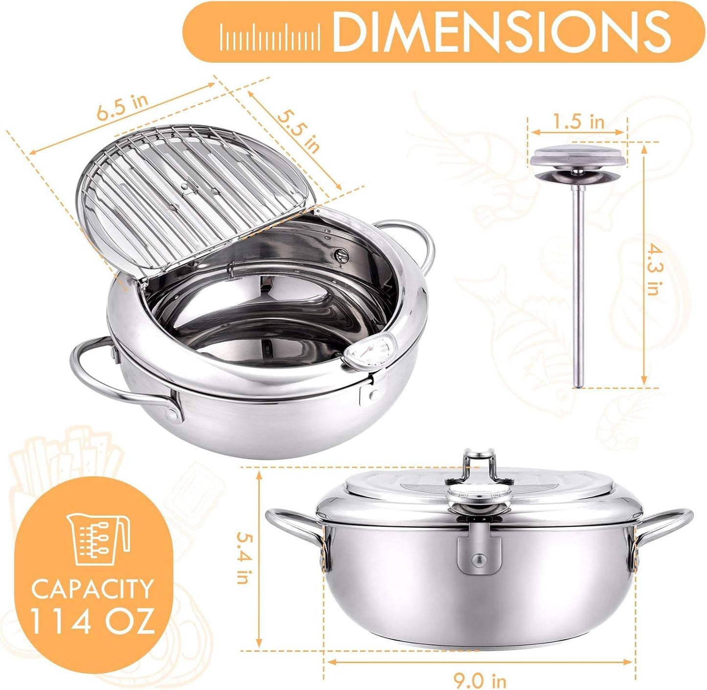 cuomaop Deep Fryer Pot, 304 Stainless Steel Japanese Frying Pot with Oil Drain, Temperature Control and Lid, Tempura Deep Fryer Pot for Kitchen Stove/Induction Cooker French Fries Fryer Chicken 9.4"
