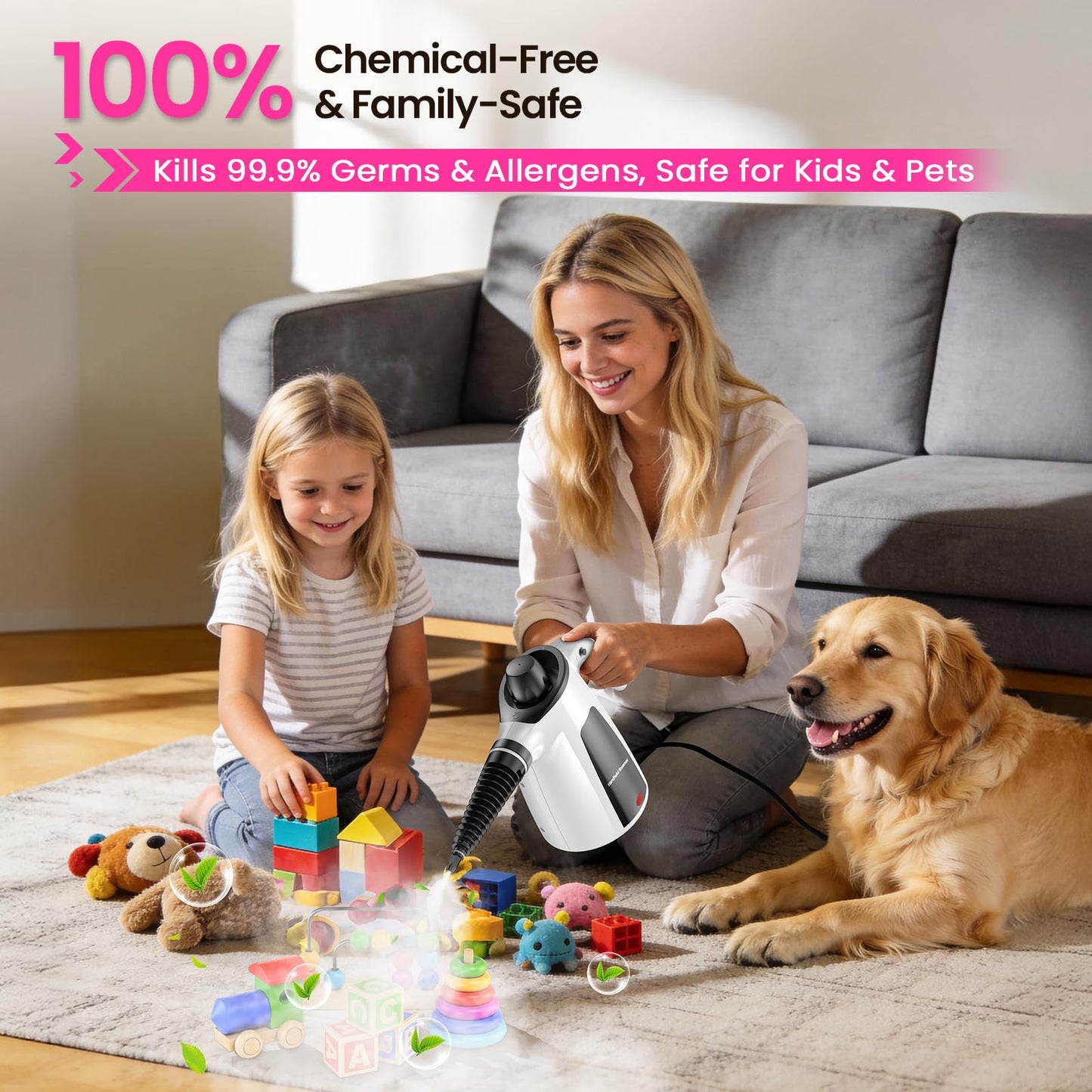 Steam Cleaner, Pressurized Handheld Multi-Surface Natural Deep Cleaning Steamer, 11pcs Accessory & Safety Lock, Portable Steamer for Cleaning Home, Kitchen, Bathroom, Car, Upholstery, Grout, Window