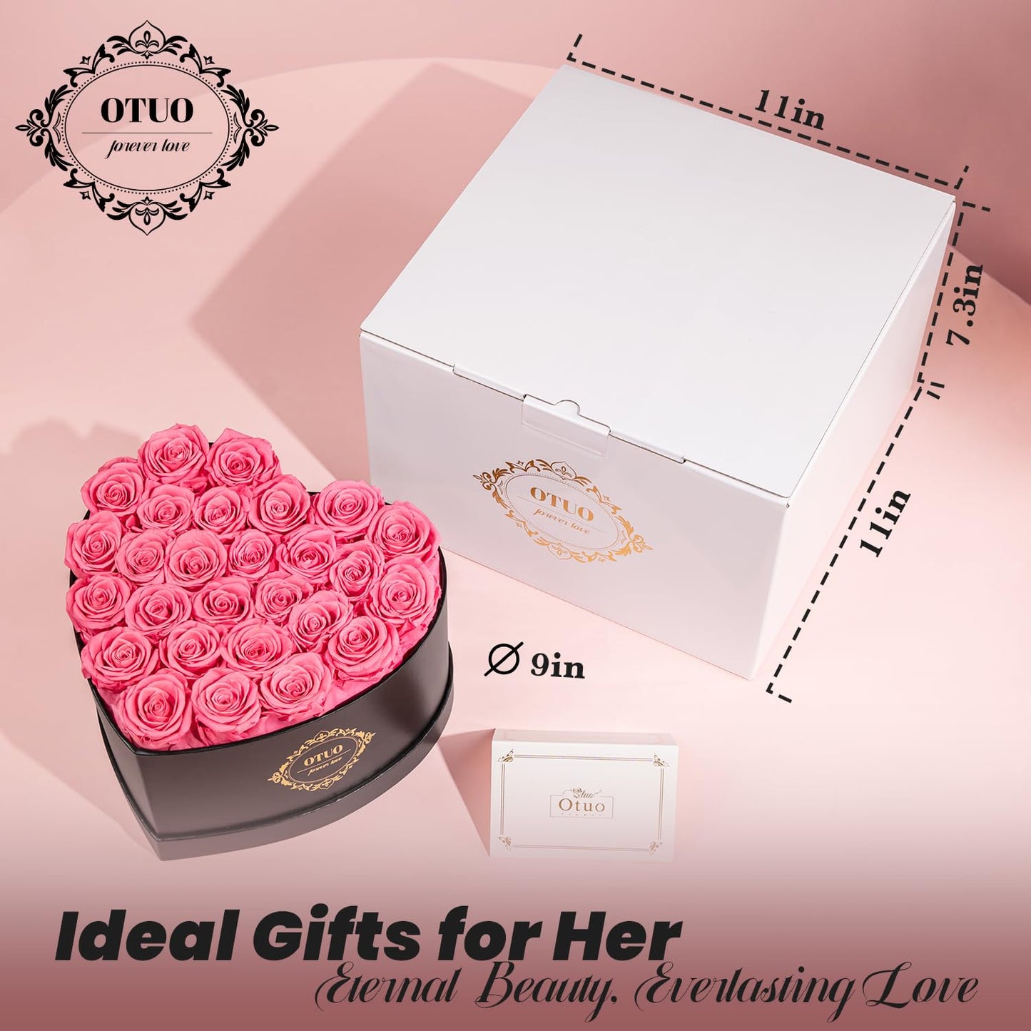 Otuo 27 Preserved Roses in Heart-Shaped Box, Flowers for Delivery Prime Last up 2 Years, Real Forever Flowers for Wife, Girlfriend, Mother, Eternal Roses for Anniversary - Pink